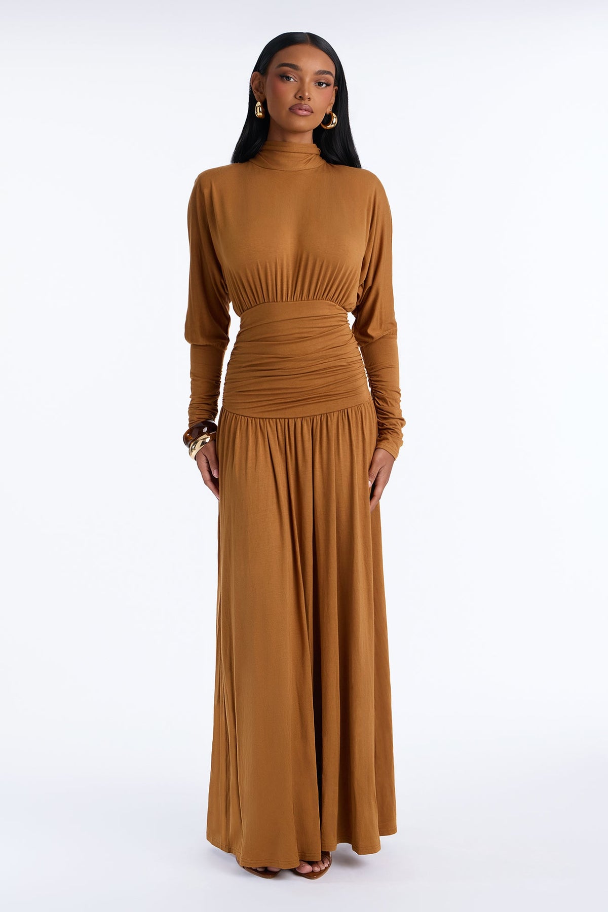 Ariana Long Sleeve Ruched Maxi Dress - Cognac