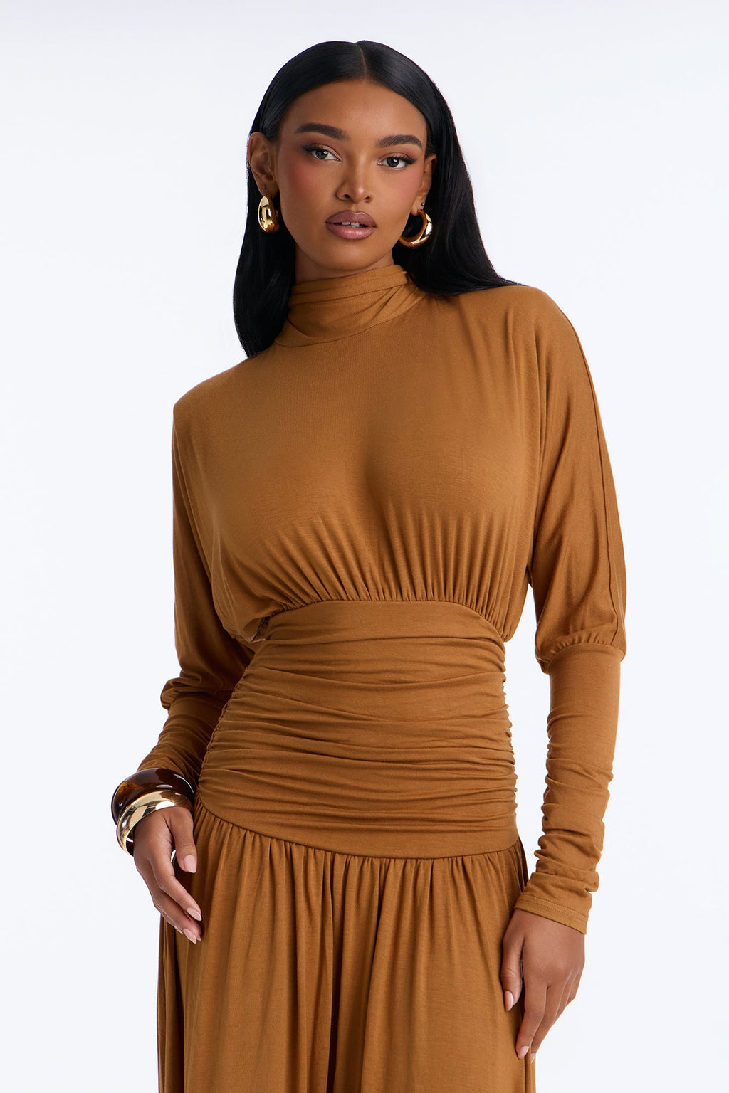 Ariana Long Sleeve Ruched Maxi Dress - Cognac