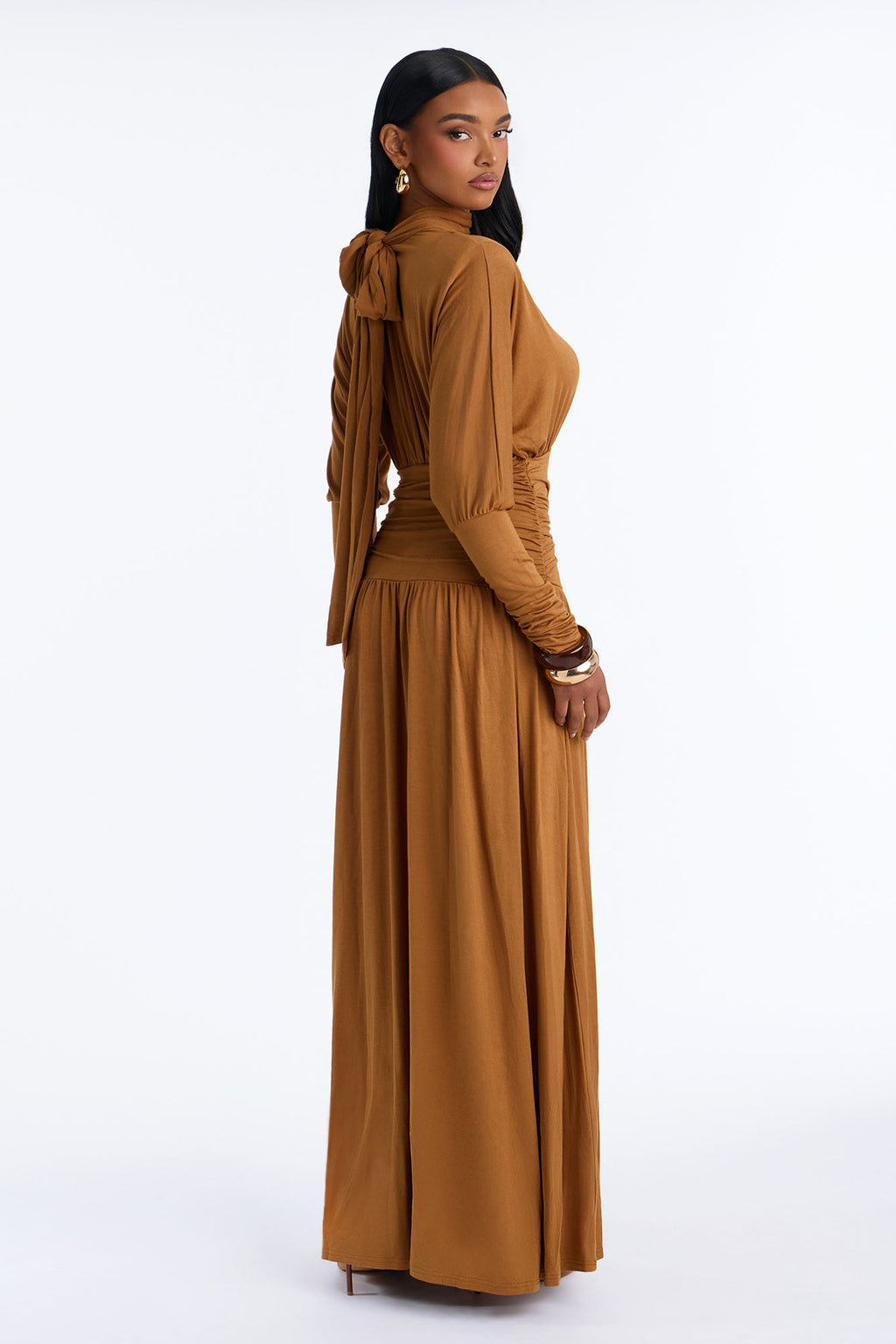 Ariana Long Sleeve Ruched Maxi Dress - Cognac