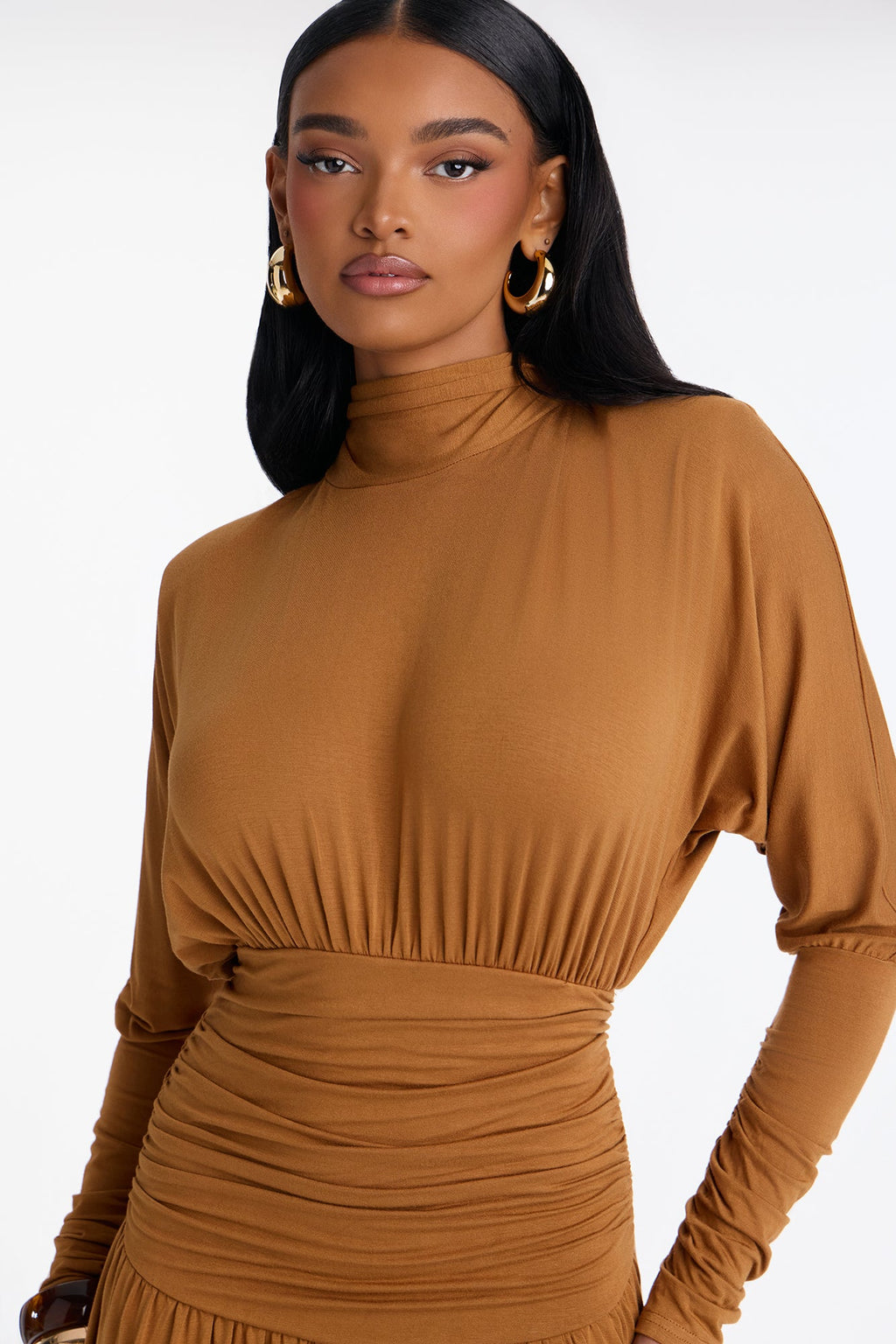 Ariana Long Sleeve Ruched Maxi Dress - Cognac