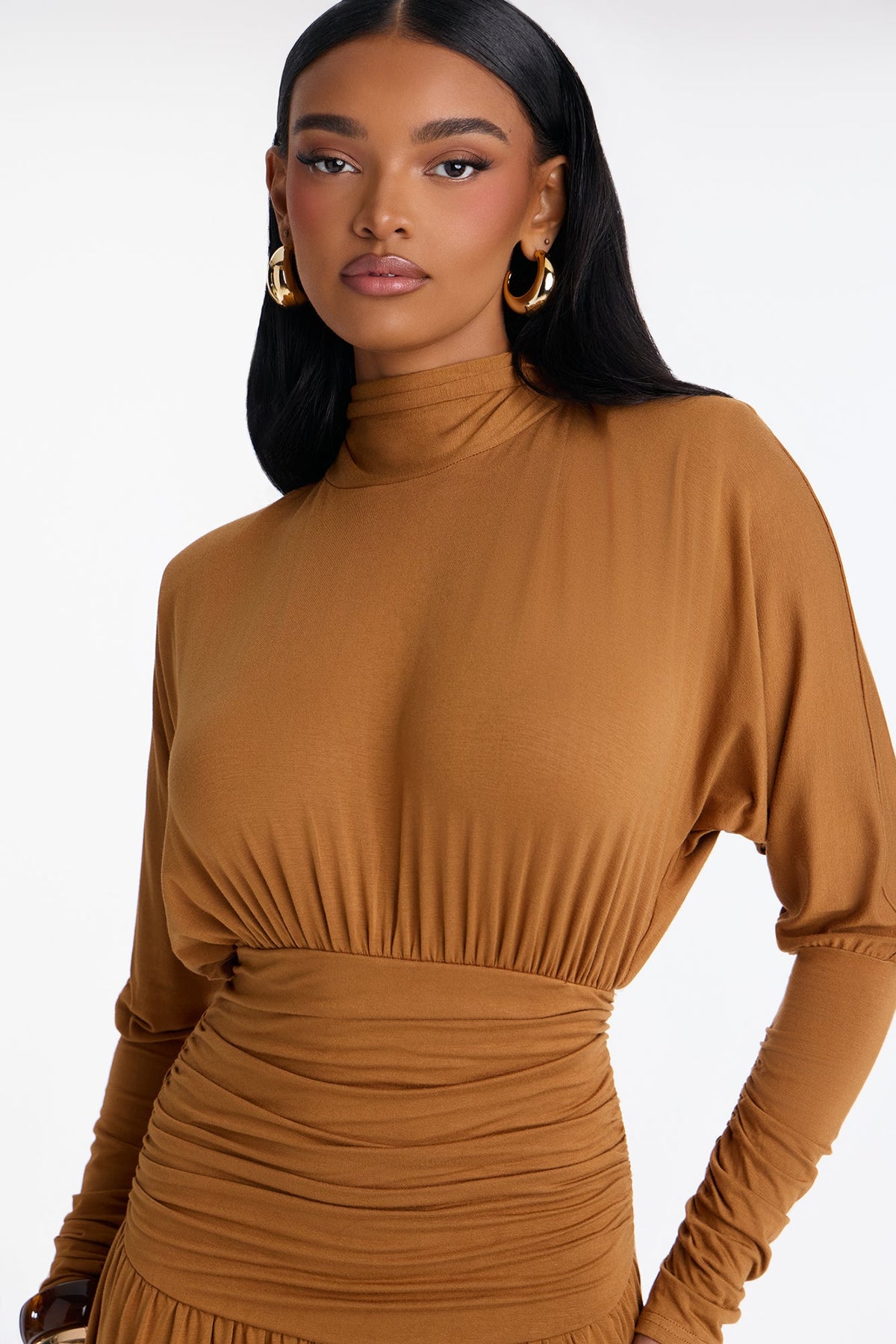 Ariana Long Sleeve Ruched Maxi Dress - Cognac