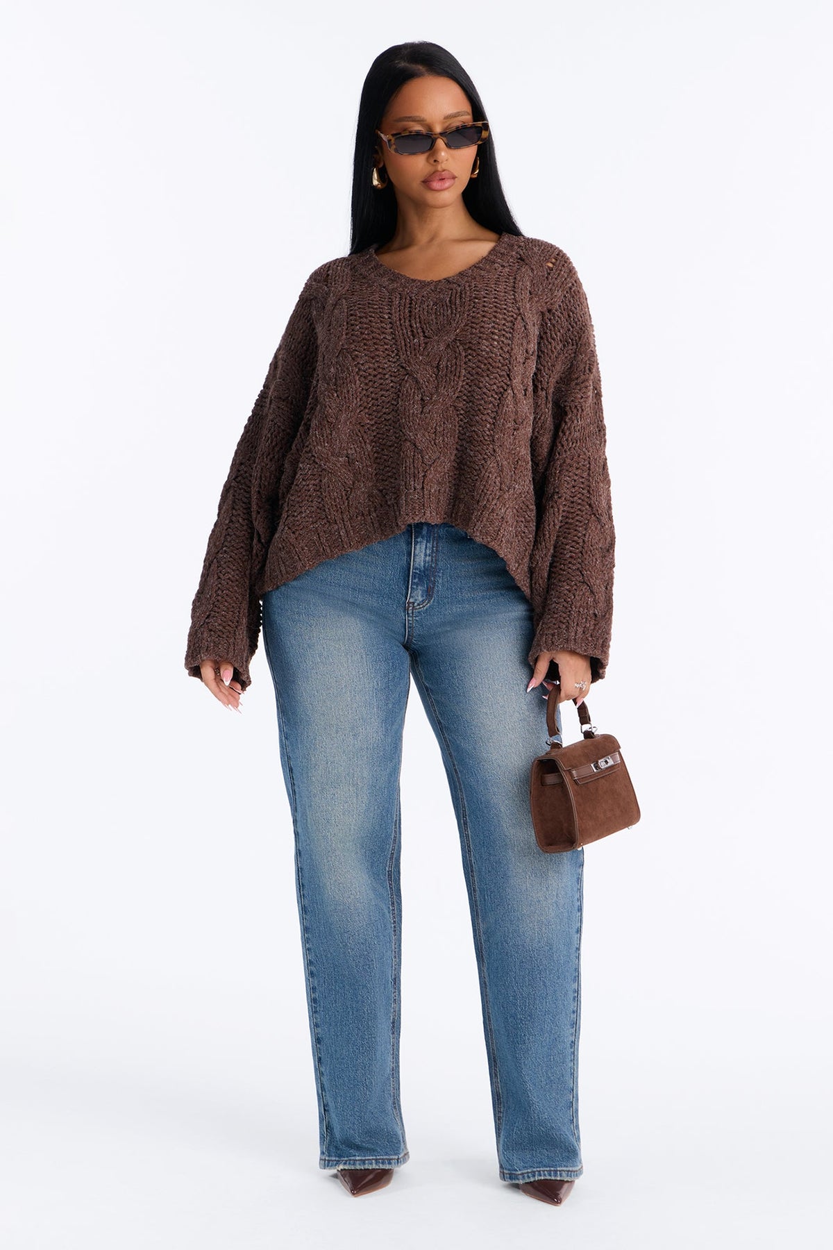 Nola Relaxed Cable Knit Sweater - Brown