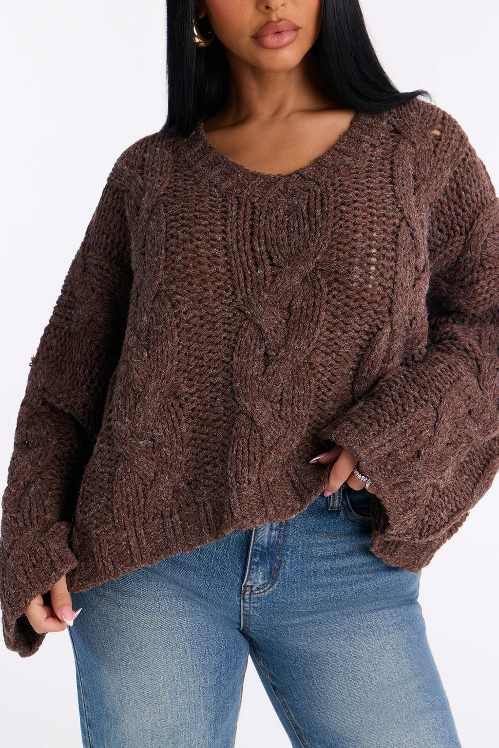 Nola Relaxed Cable Knit Sweater - Brown