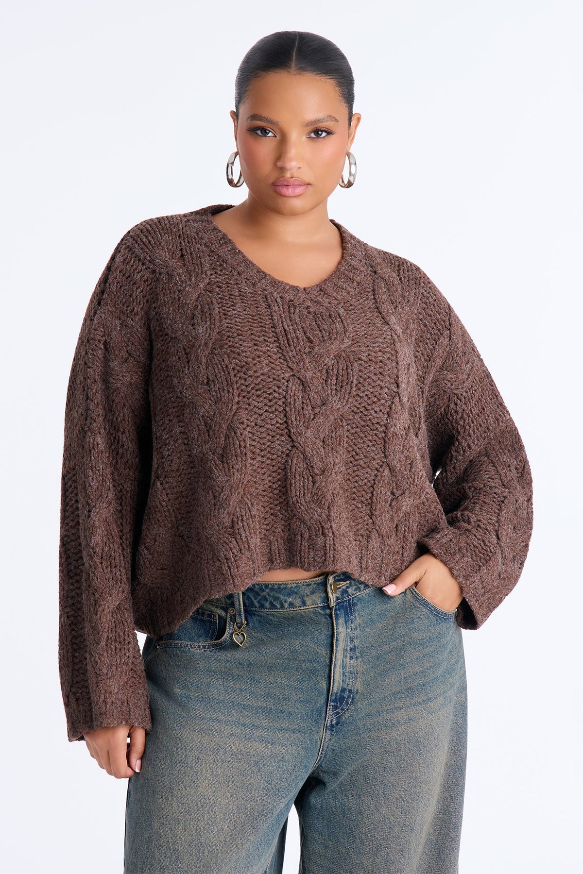 Nola Relaxed Cable Knit Sweater - Brown