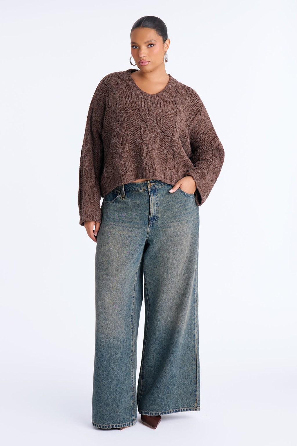 Nola Relaxed Cable Knit Sweater - Brown