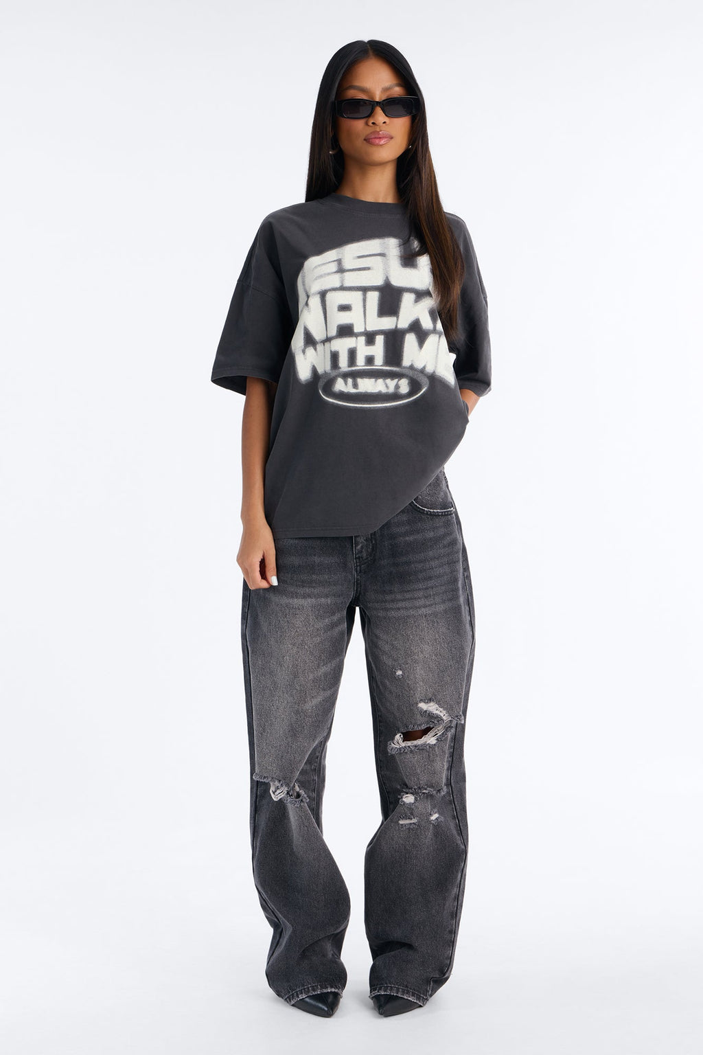 Jesus Walks With Me Always Tee - Charcoal