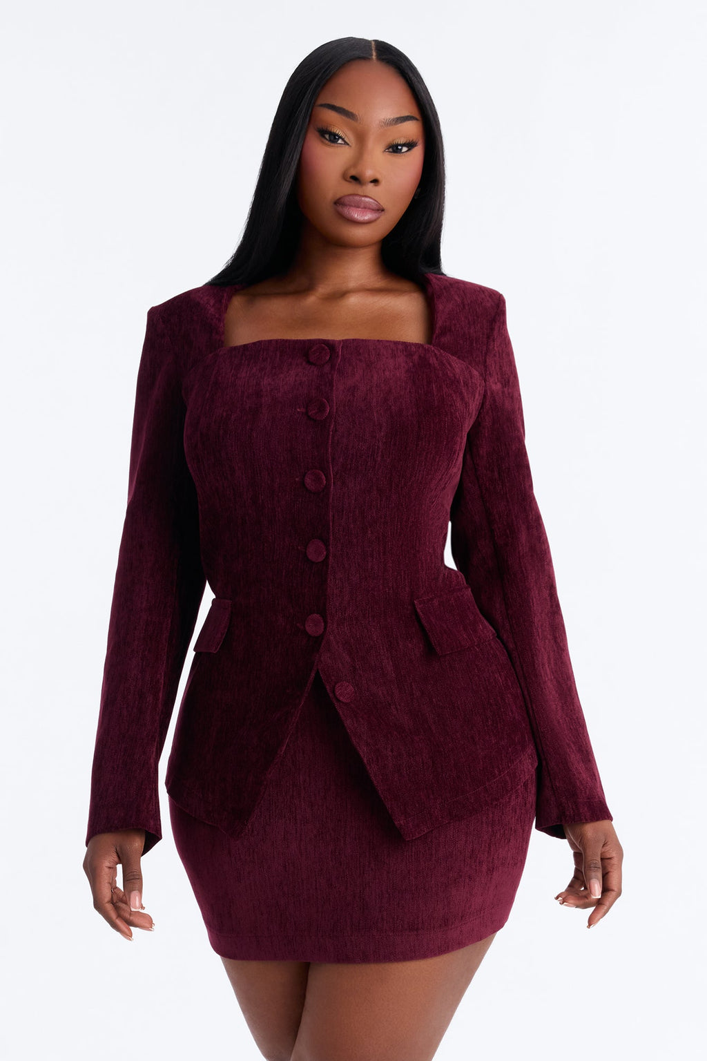 Calm And Collected Blazer Skirt Set - Wine