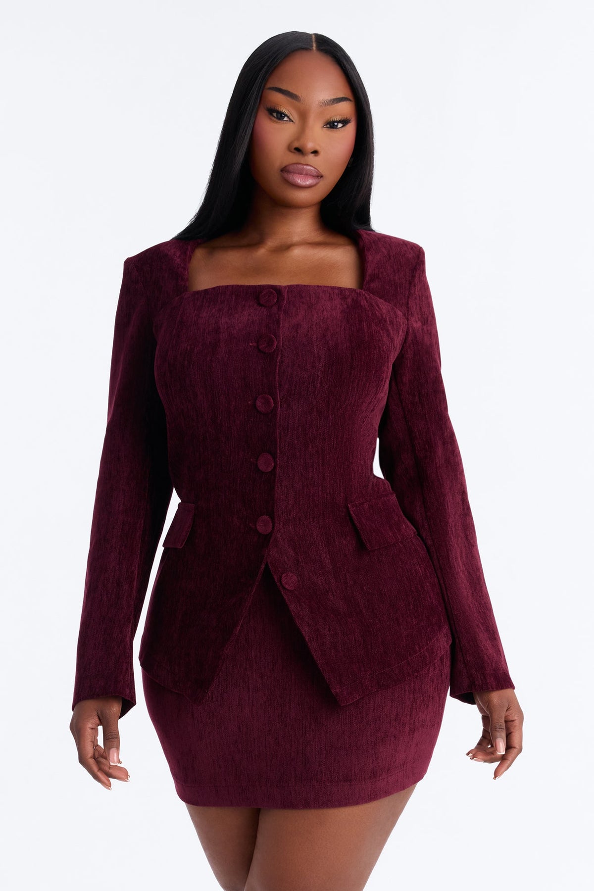 Calm And Collected Blazer Skirt Set - Wine