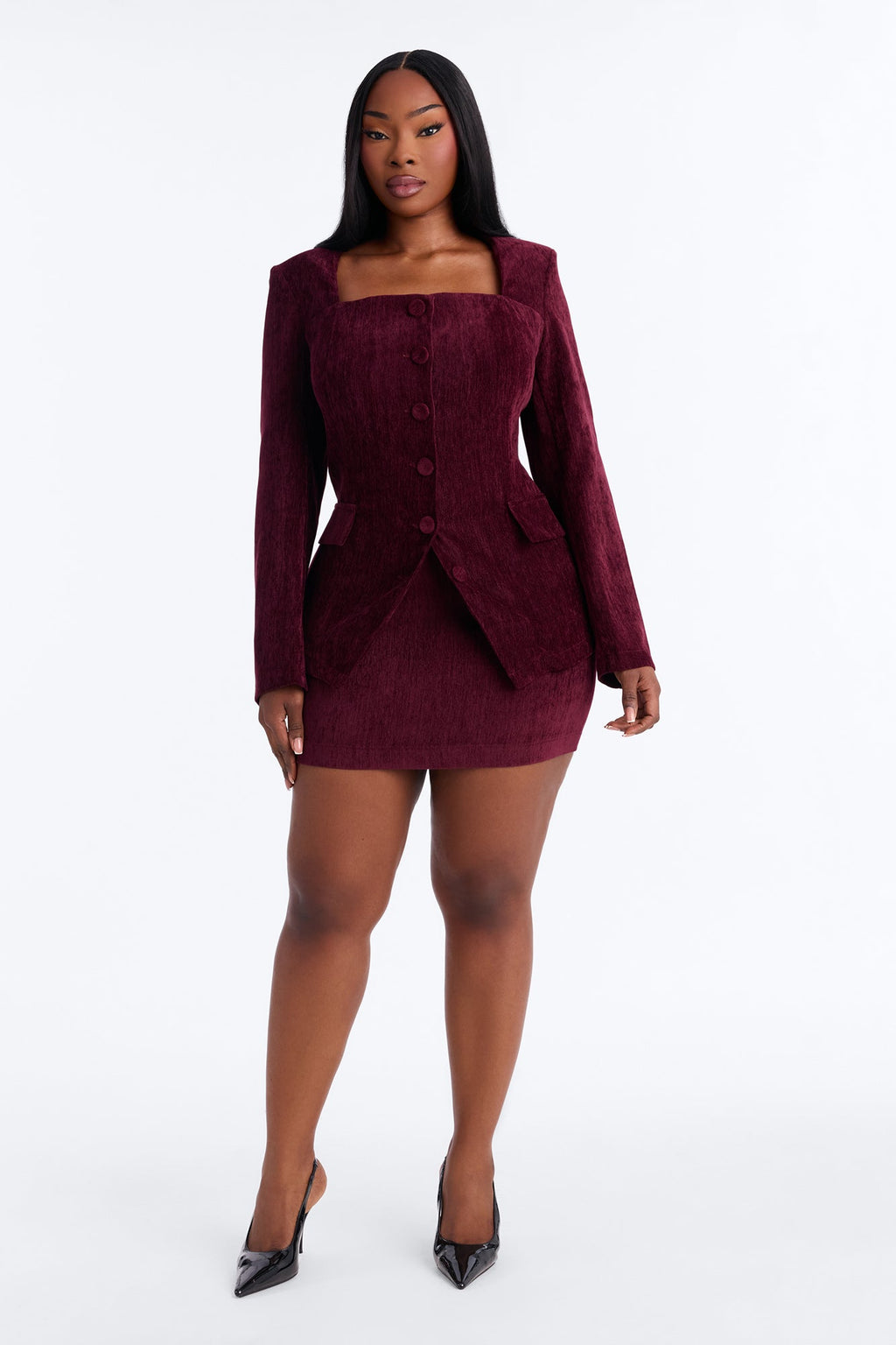 Calm And Collected Blazer Skirt Set - Wine