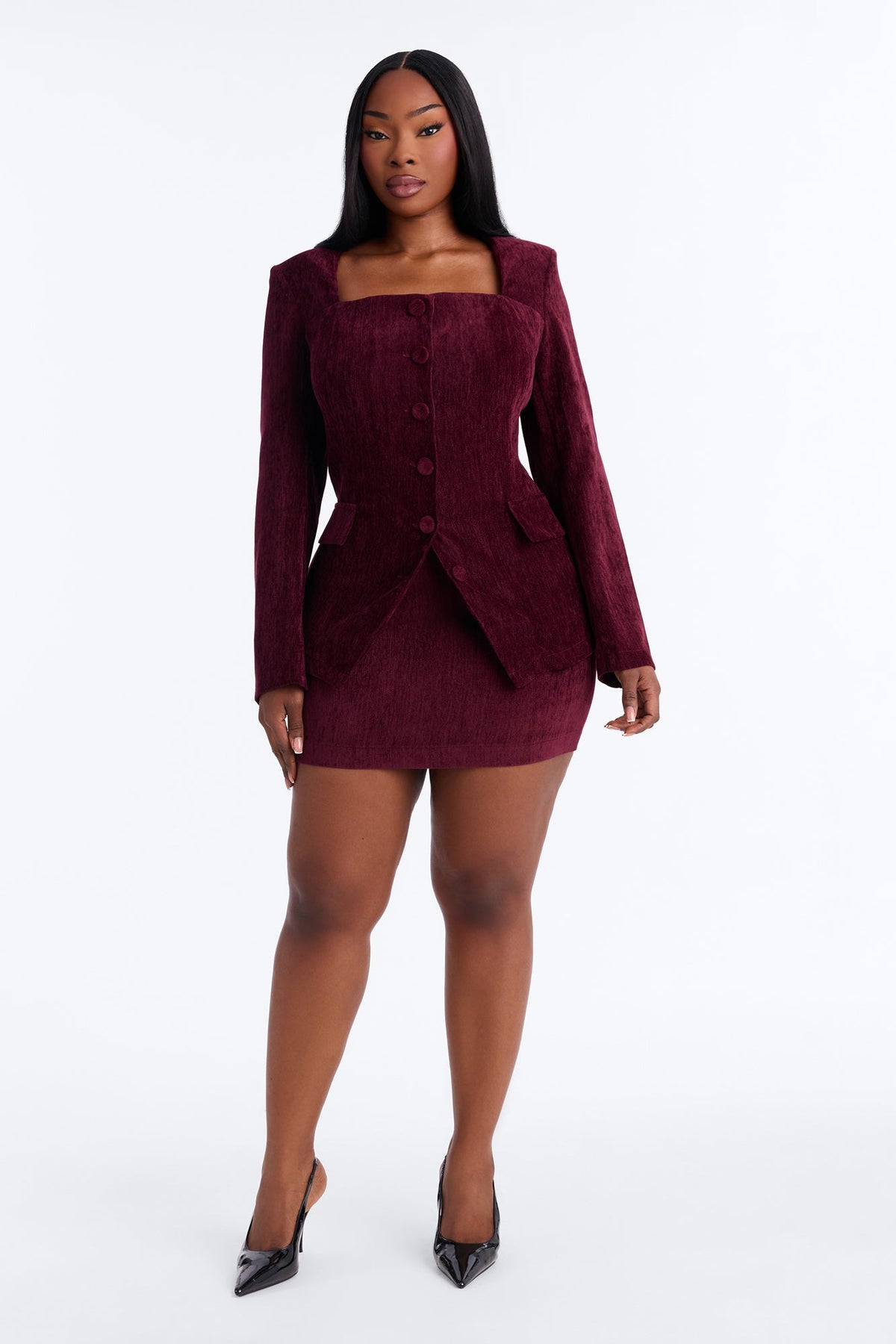 Calm And Collected Blazer Skirt Set - Wine