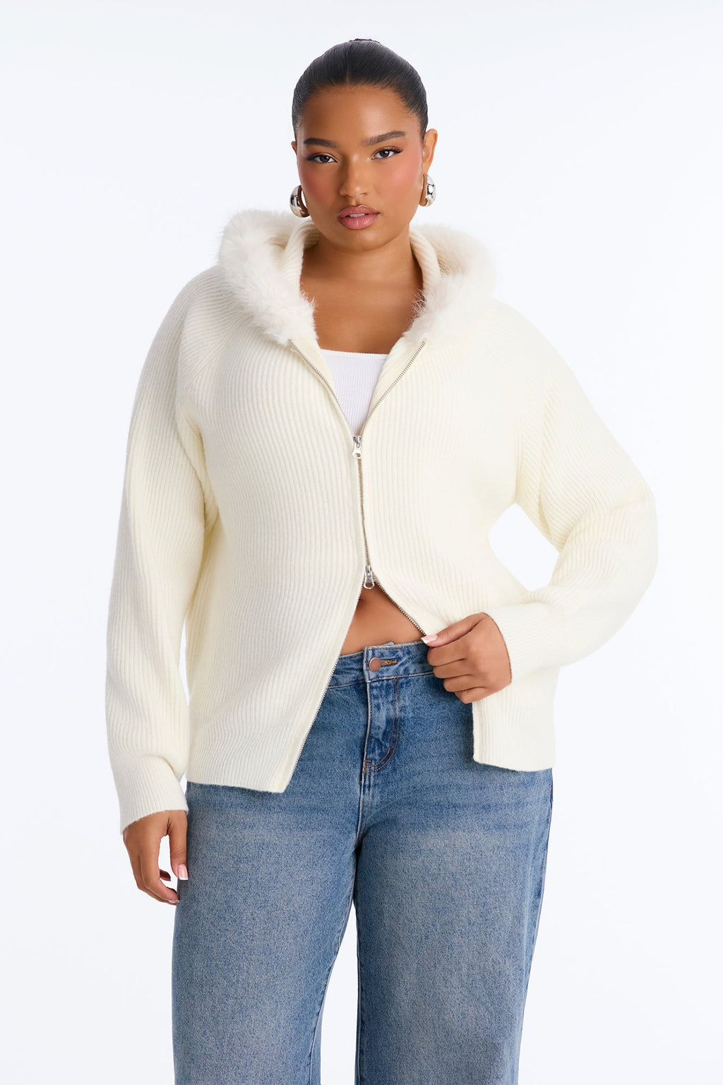 Coldest One Here Hooded Faux Fur Sweater - Ivory