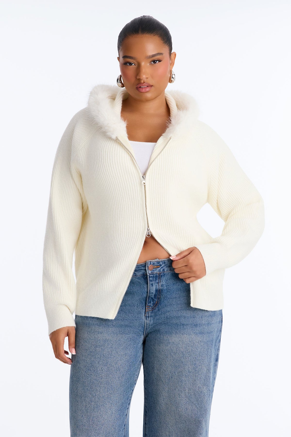 Coldest One Here Hooded Faux Fur Sweater - Ivory