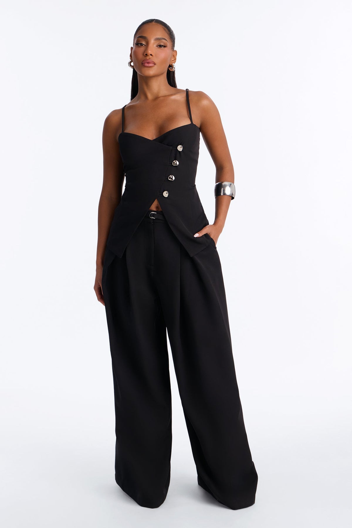 Chantel Belted Vest Pant Set - Black