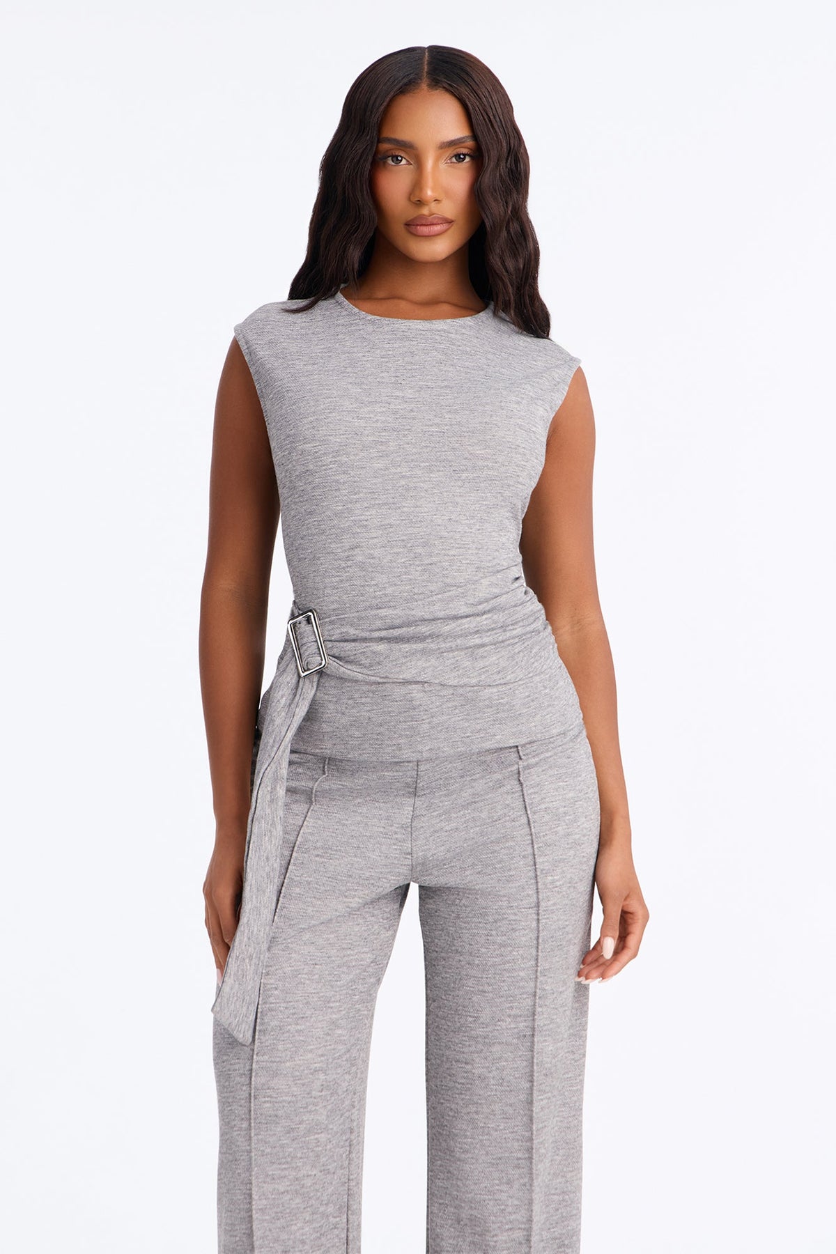Liz Tie Front Textured Pant Set - Grey