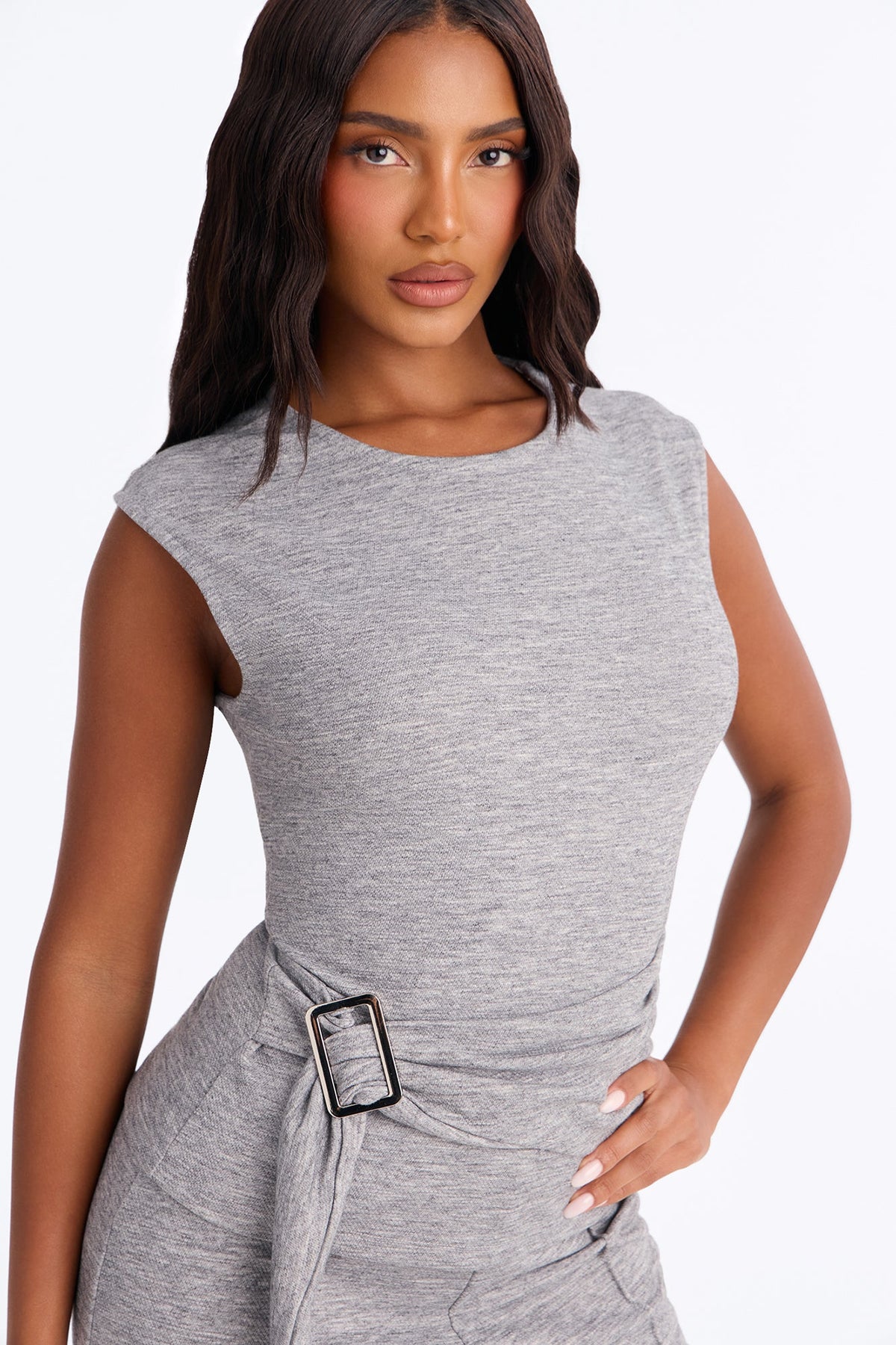 Liz Tie Front Textured Pant Set - Grey