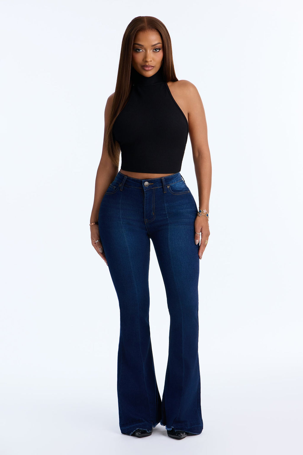 Sally Step Hem High Rise Flare Leg Jeans - Dark Wash