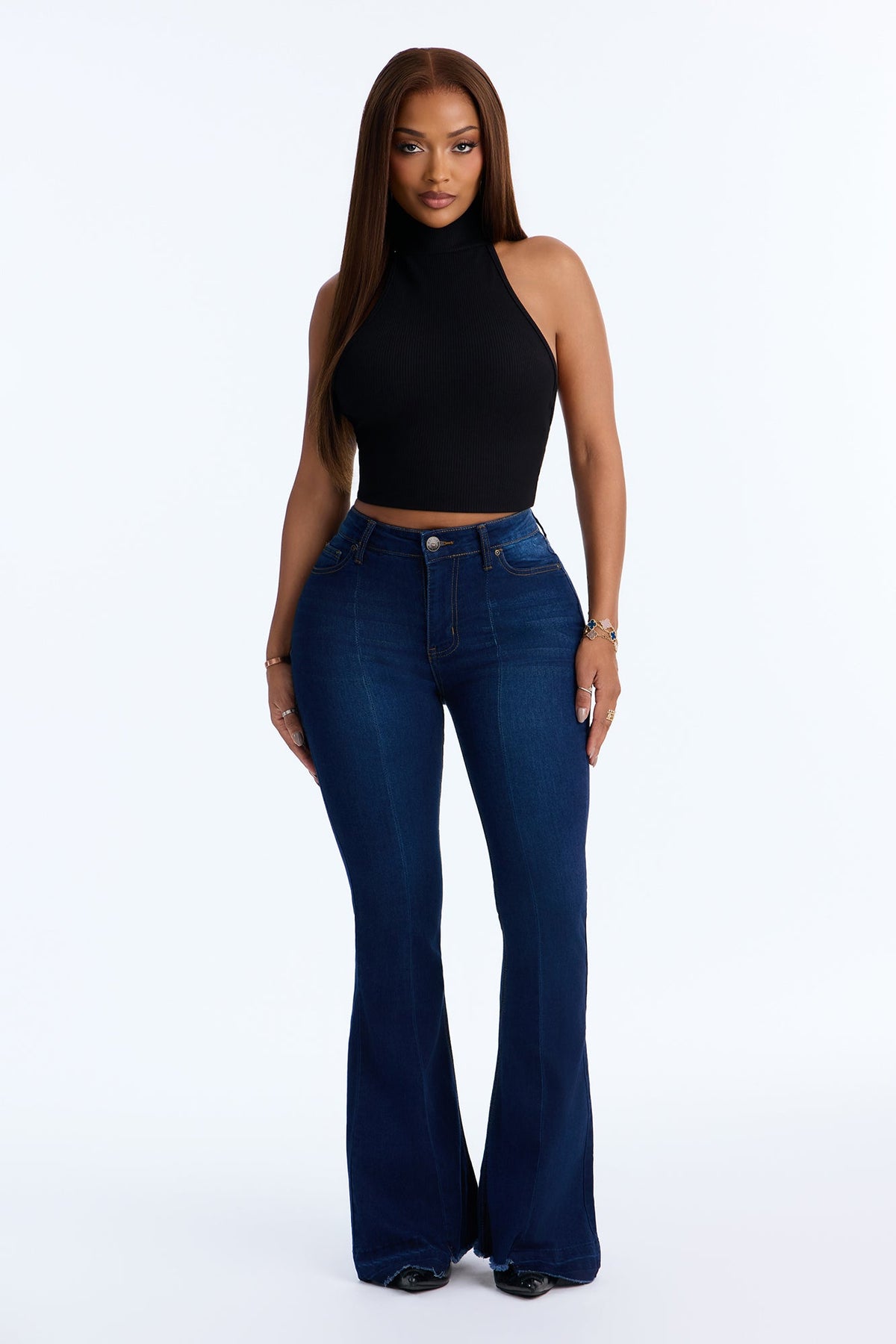 Sally Step Hem High Rise Flare Leg Jeans - Dark Wash