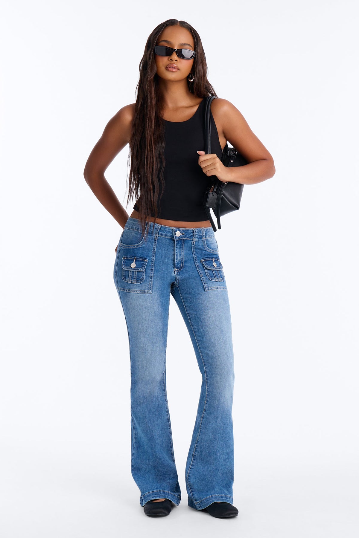 Real Deal Y2K Patch Pocket Flare Leg Jeans - Medium Wash