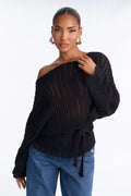 Silent Romance Tie Waist Pullover Sweater - Black