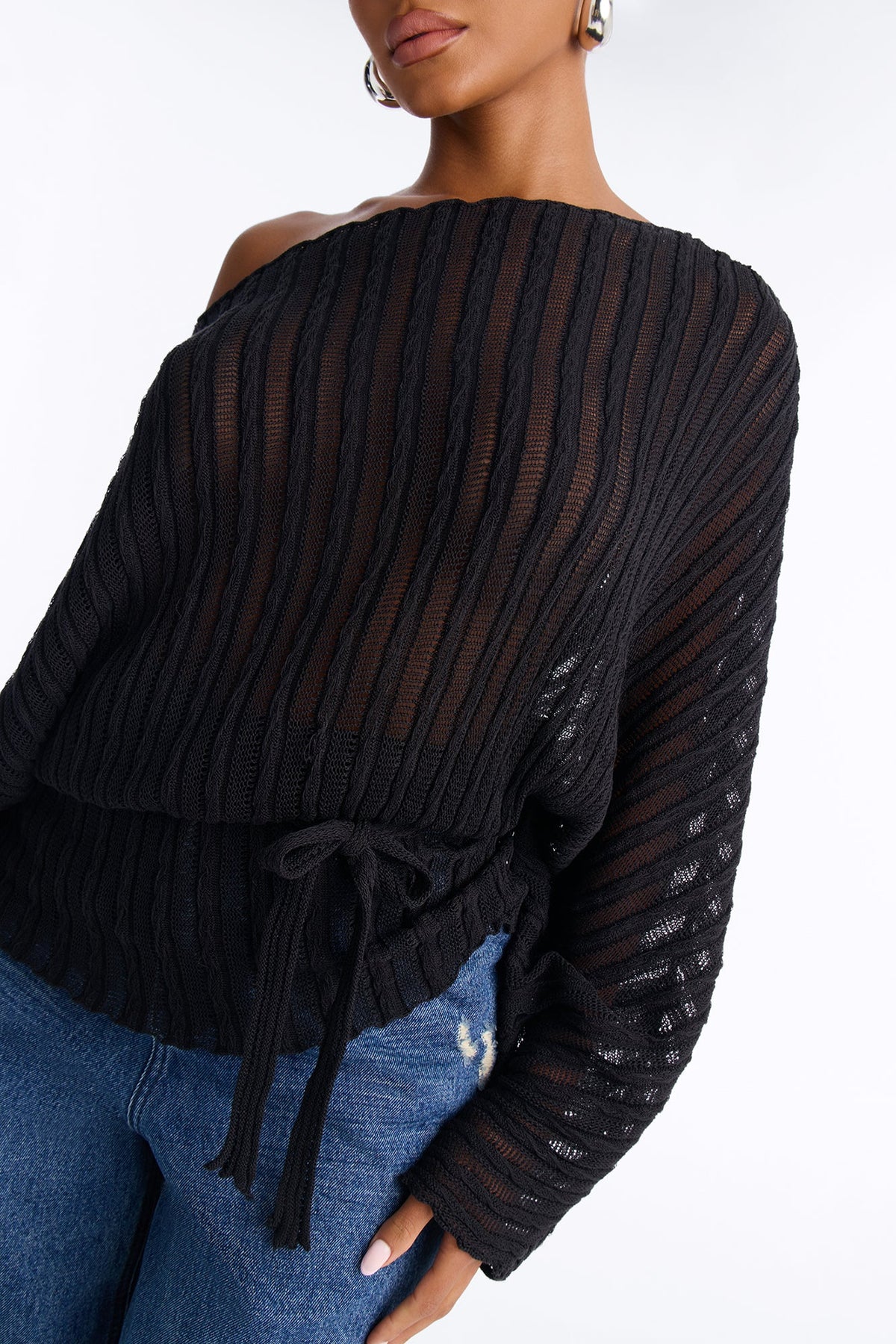 Silent Romance Tie Waist Pullover Sweater - Black
