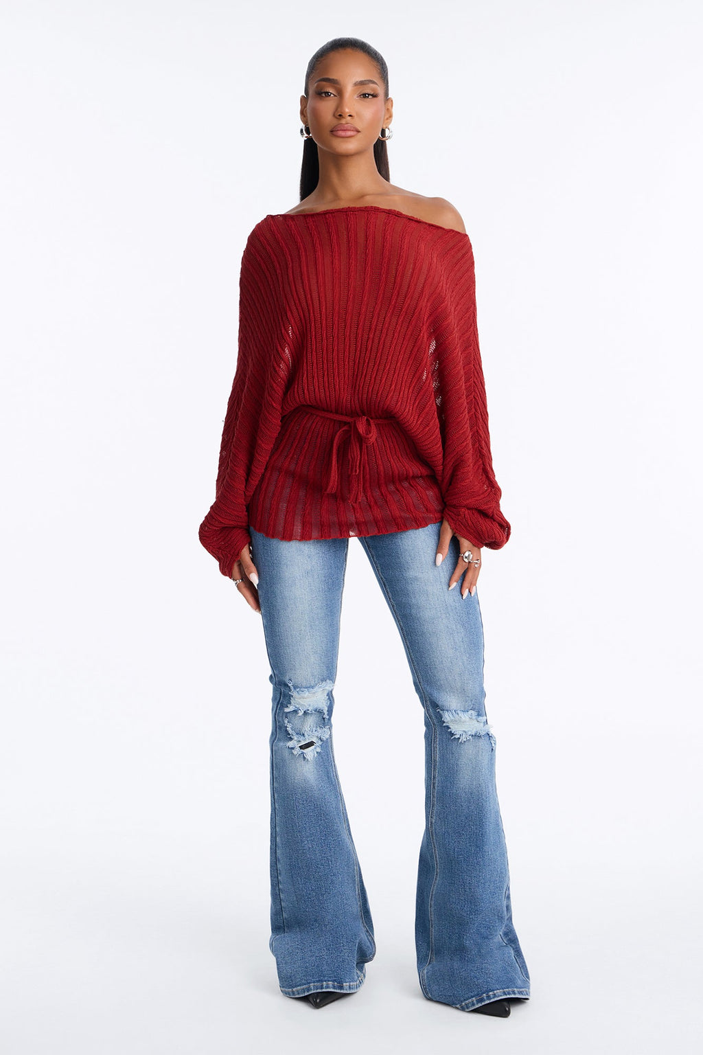 Silent Romance Tie Waist Pullover Sweater - Rust