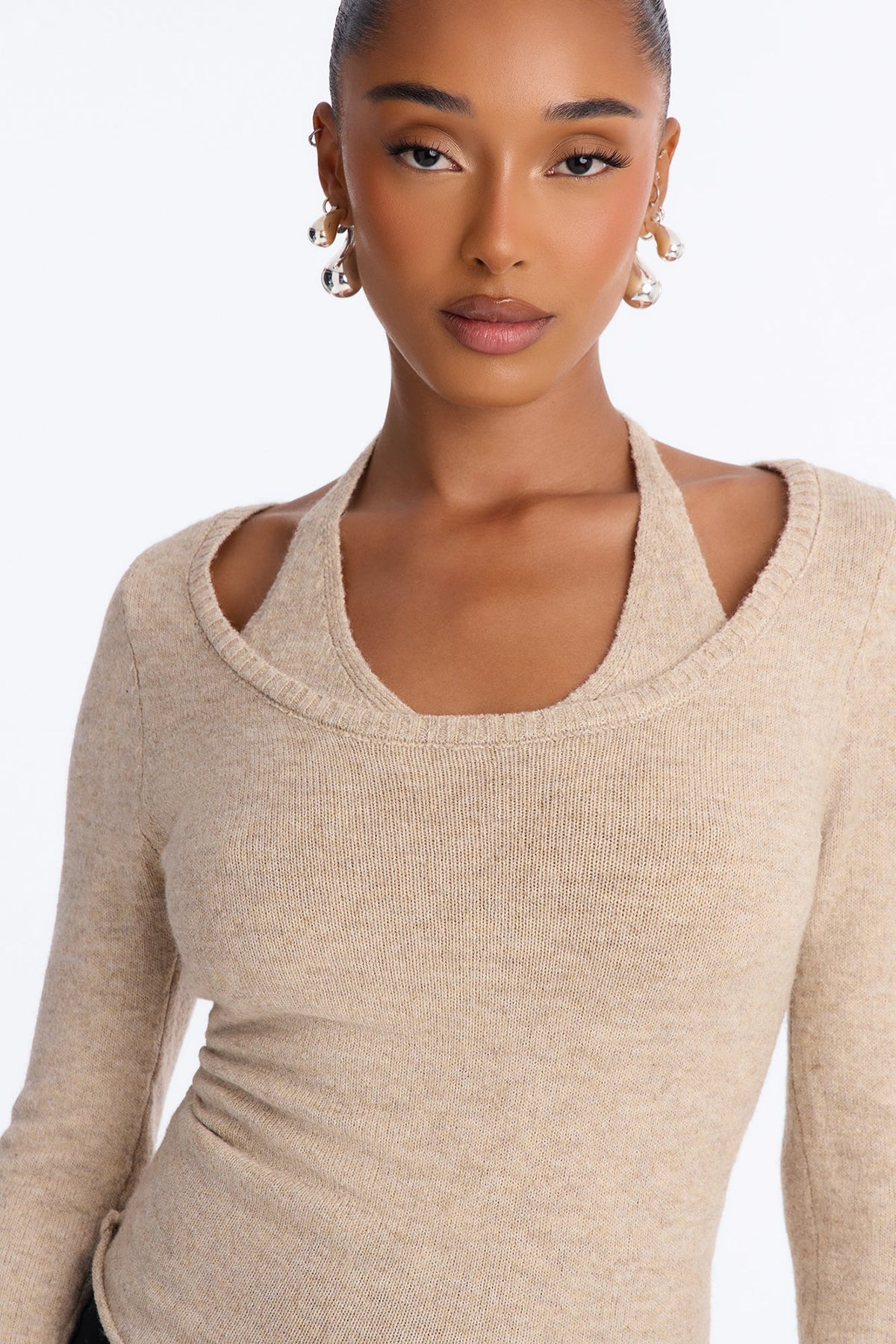 Willa Layered Halter Pullover Sweater - Taupe
