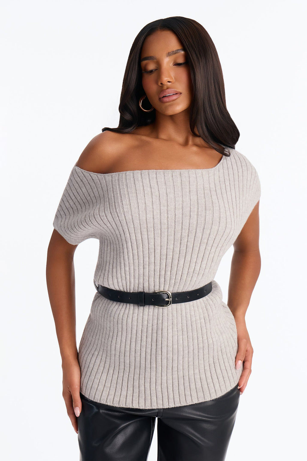 Rare Meetings One Shoulder Belted Pullover Sweater - Grey