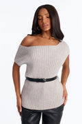 Rare Meetings One Shoulder Belted Pullover Sweater - Grey