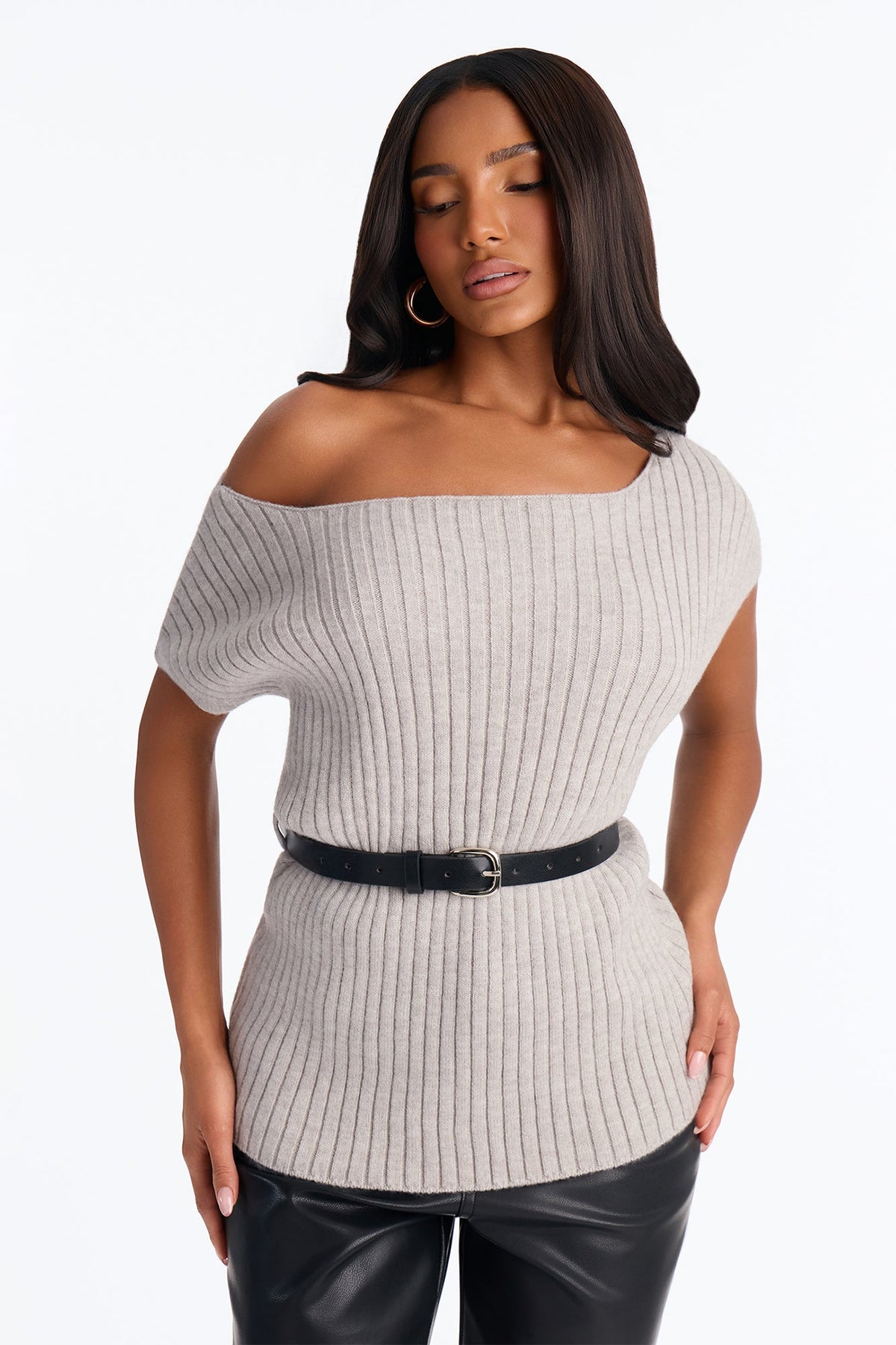 Rare Meetings One Shoulder Belted Pullover Sweater - Grey