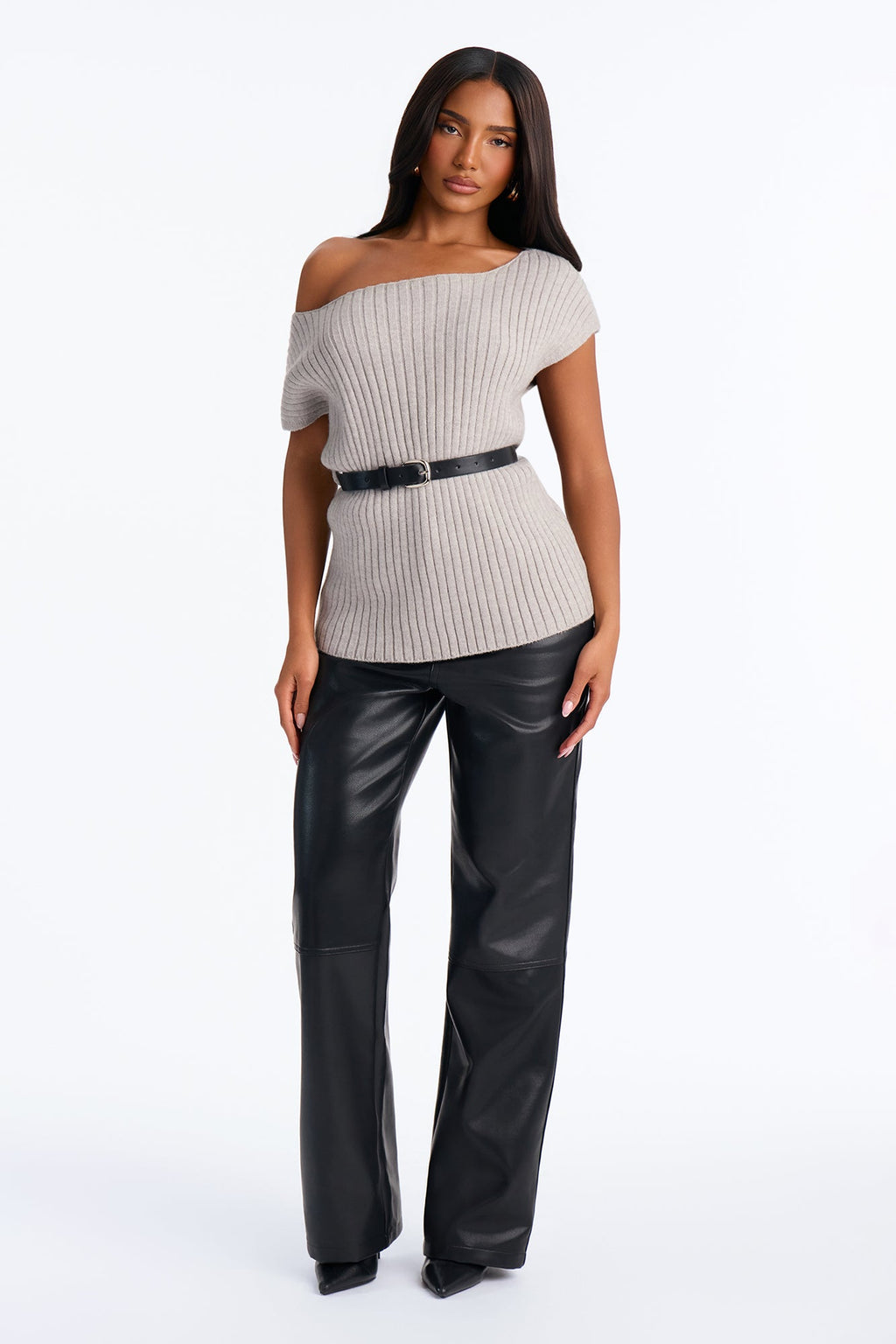 Rare Meetings One Shoulder Belted Pullover Sweater - Grey