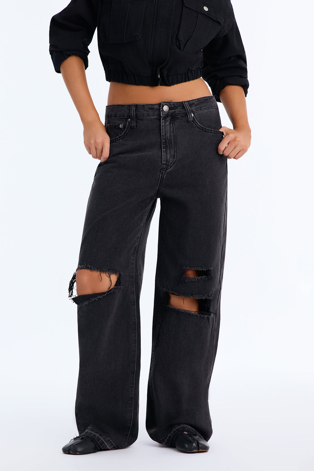 SoCal Ripped High Rise Wide Leg Jeans - Black Wash