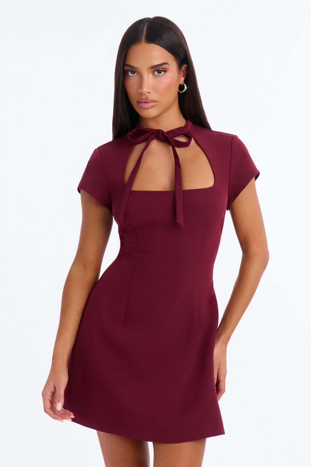 Ariel Mock Neck Short Sleeve Mini Dress - Burgundy