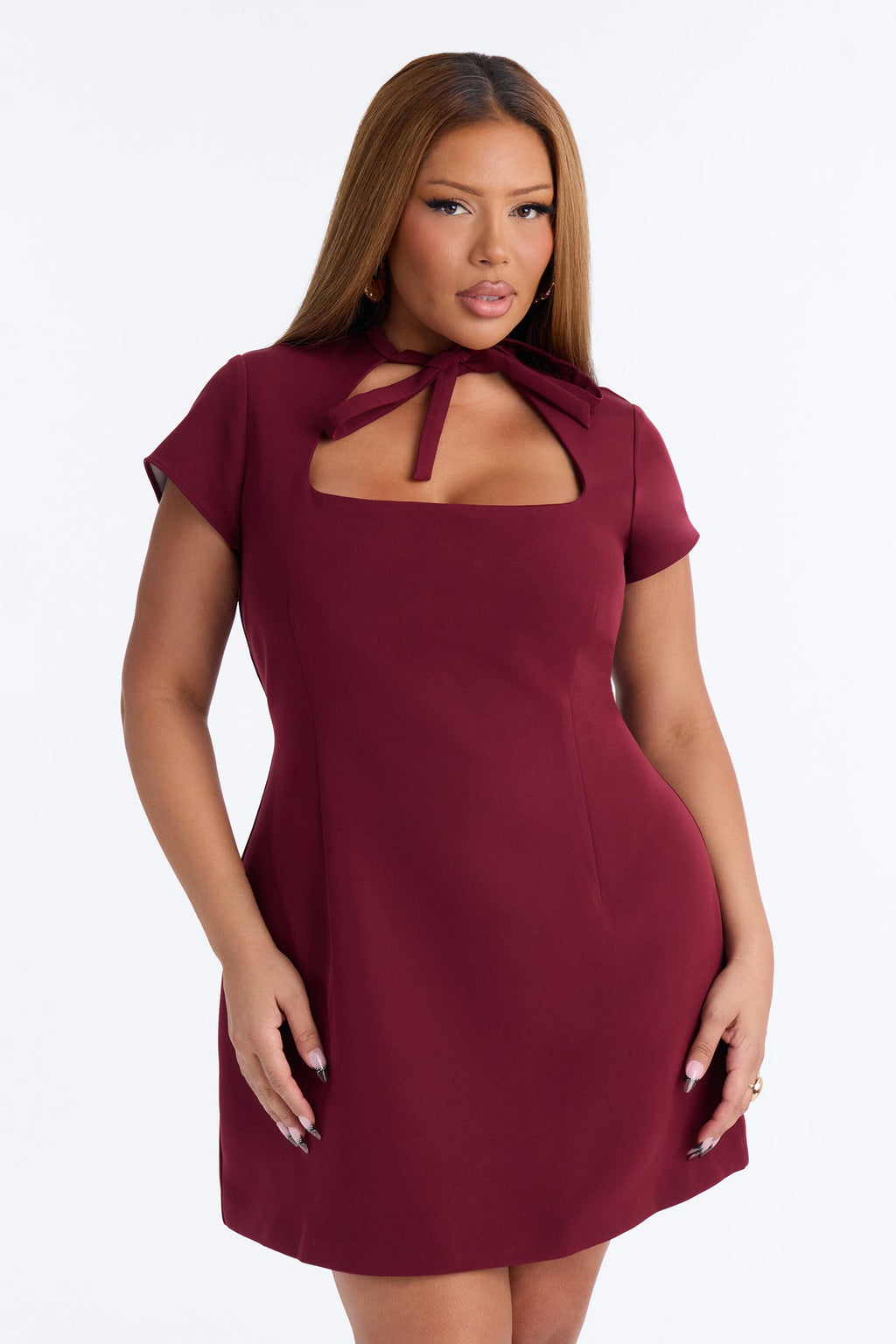 Ariel Mock Neck Short Sleeve Mini Dress - Burgundy