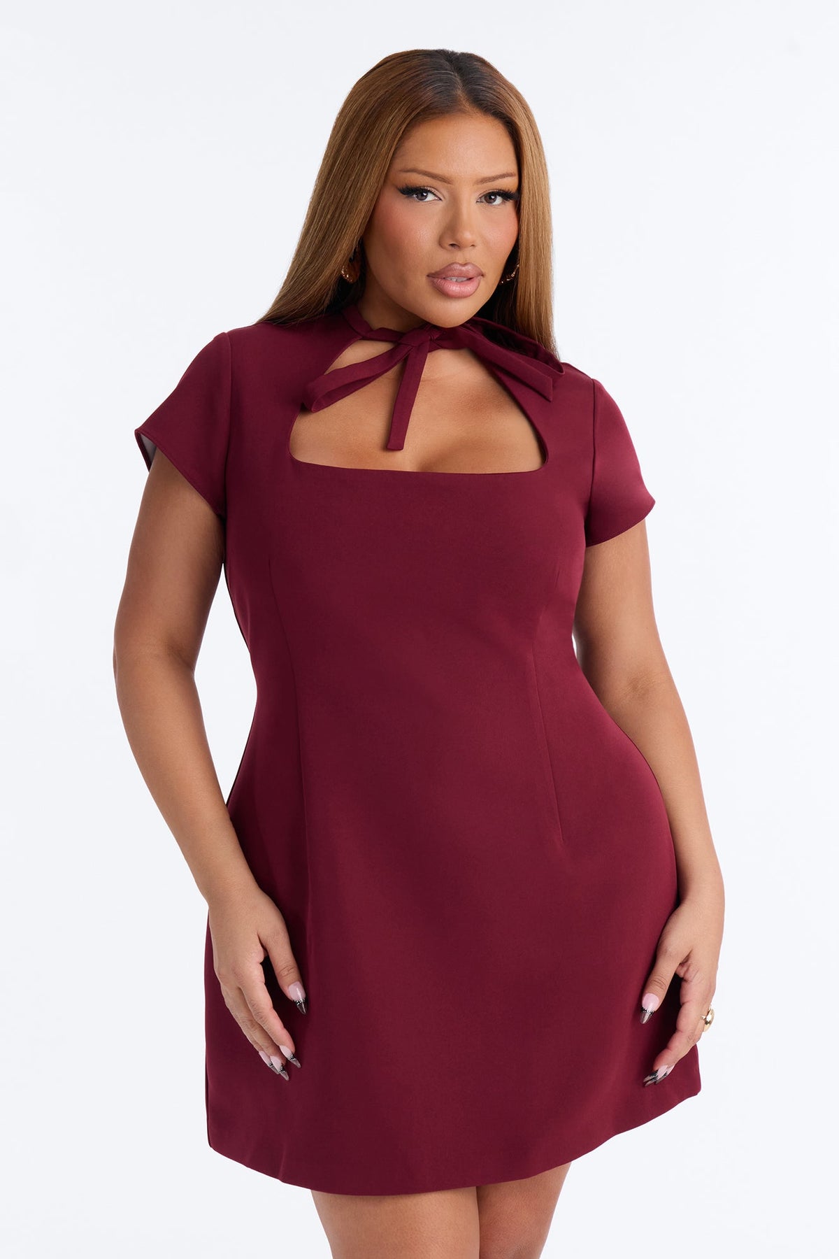 Ariel Mock Neck Short Sleeve Mini Dress - Burgundy