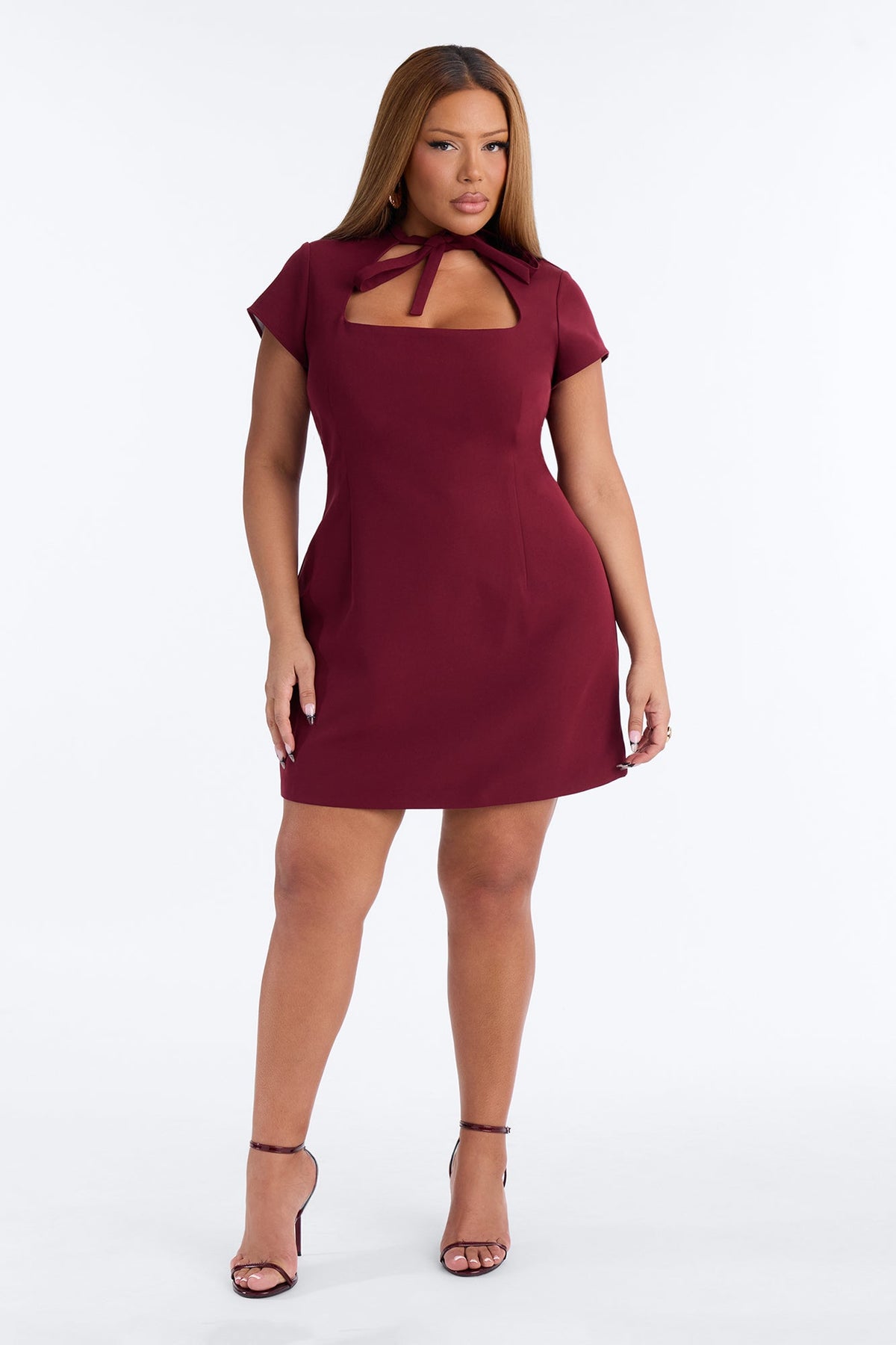 Ariel Mock Neck Short Sleeve Mini Dress - Burgundy