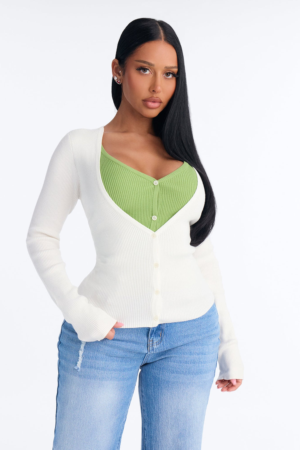 Sienna Ribbed Layered Long Sleeve Cardigan - Cream/combo