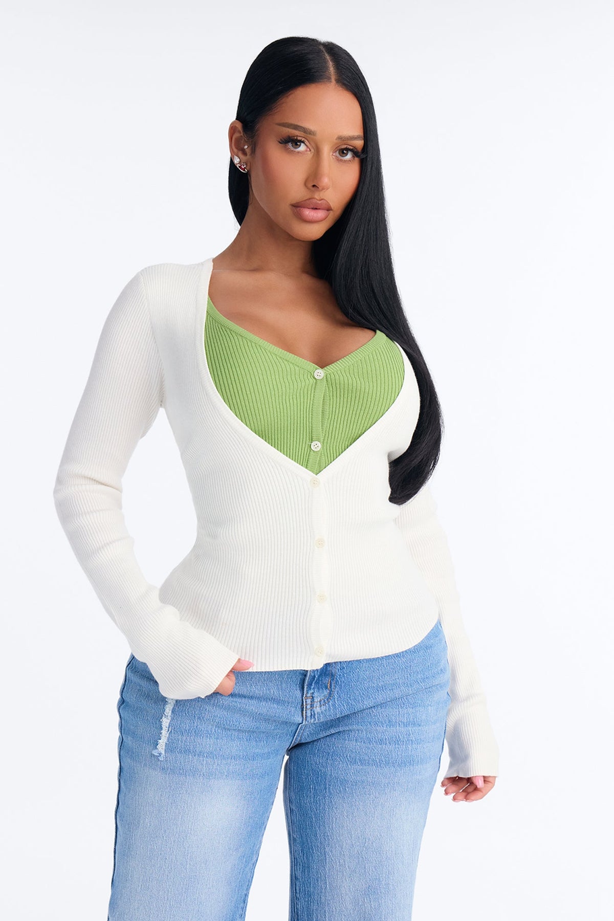 Sienna Ribbed Layered Long Sleeve Cardigan - Cream/combo
