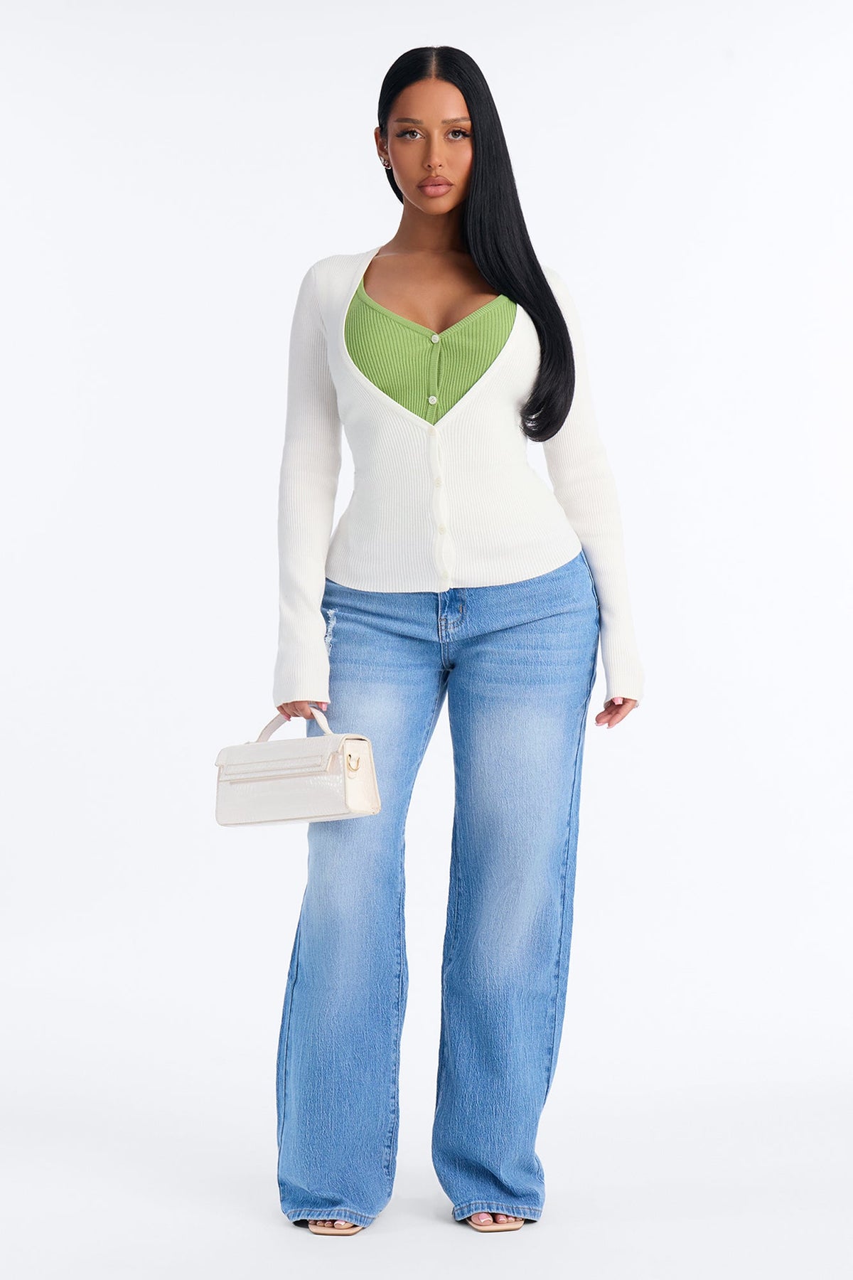 Sienna Ribbed Layered Long Sleeve Cardigan - Cream/combo