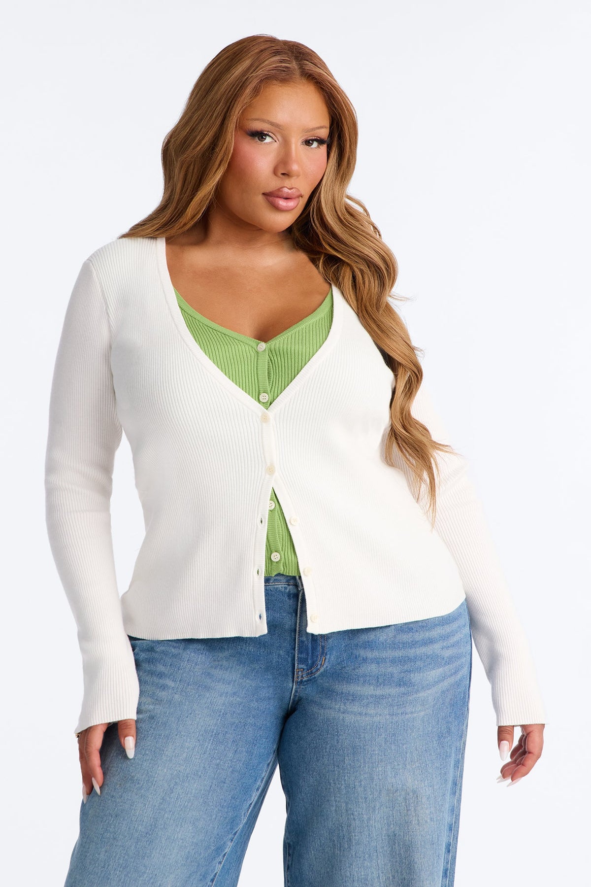 Sienna Ribbed Layered Long Sleeve Cardigan - Cream/combo