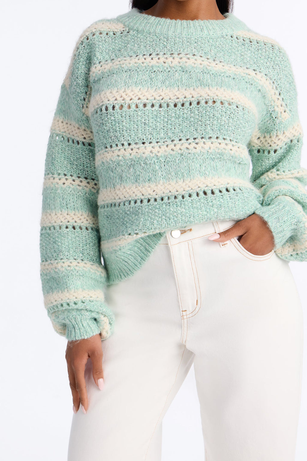 Amber Striped Long Sleeve Sweater - Sage/combo