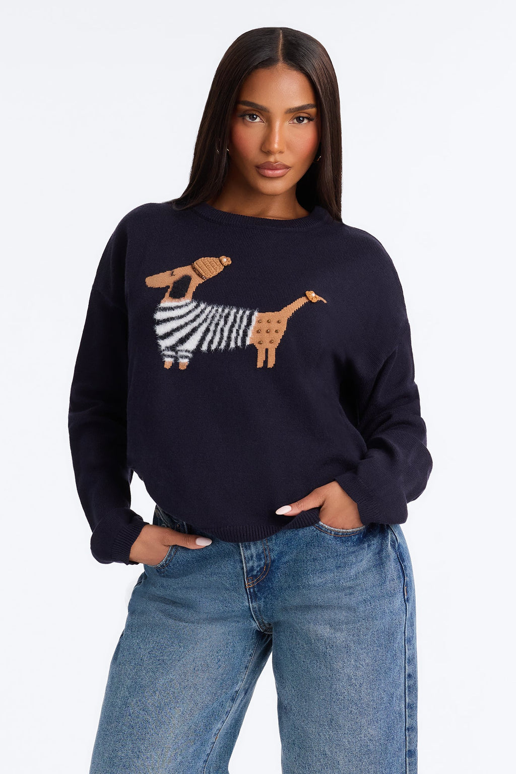 Snow Pup Long Sleeve Sweater - Navy/combo