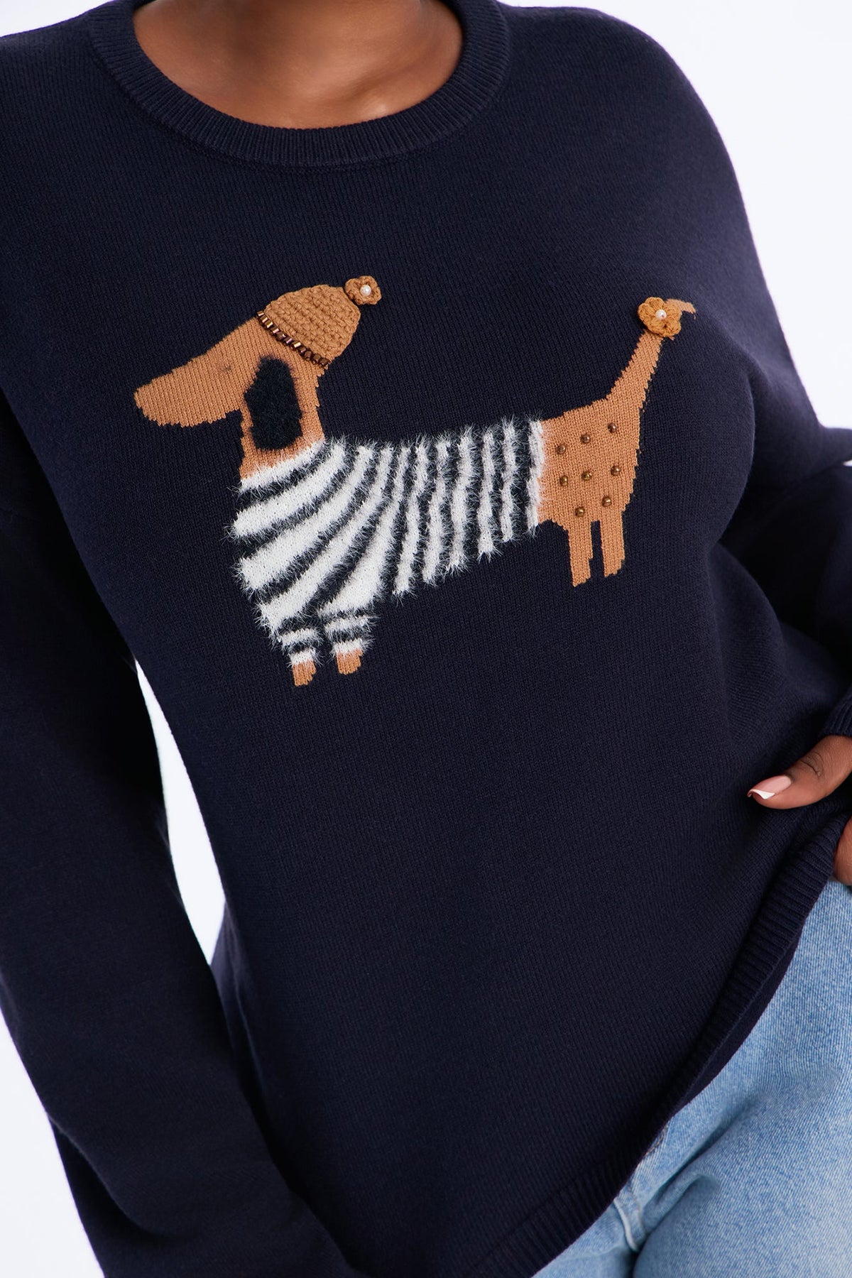 Snow Pup Long Sleeve Sweater - Navy/combo