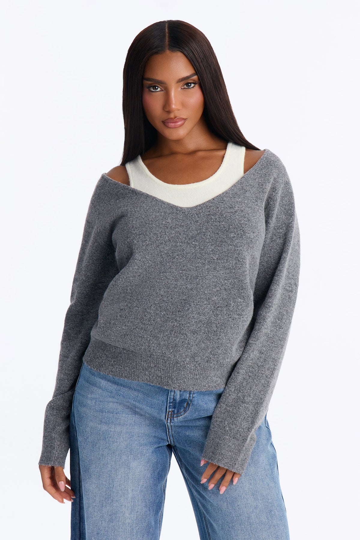 Josie Layered Long Sleeve Sweater - Grey/combo