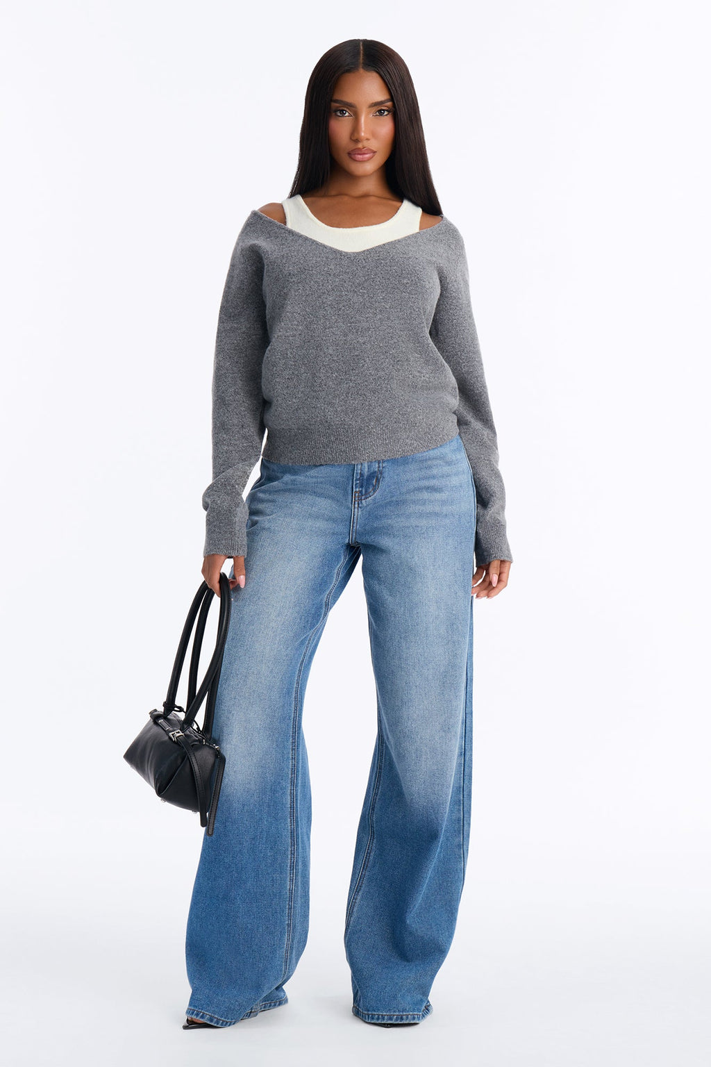 Josie Layered Long Sleeve Sweater - Grey/combo