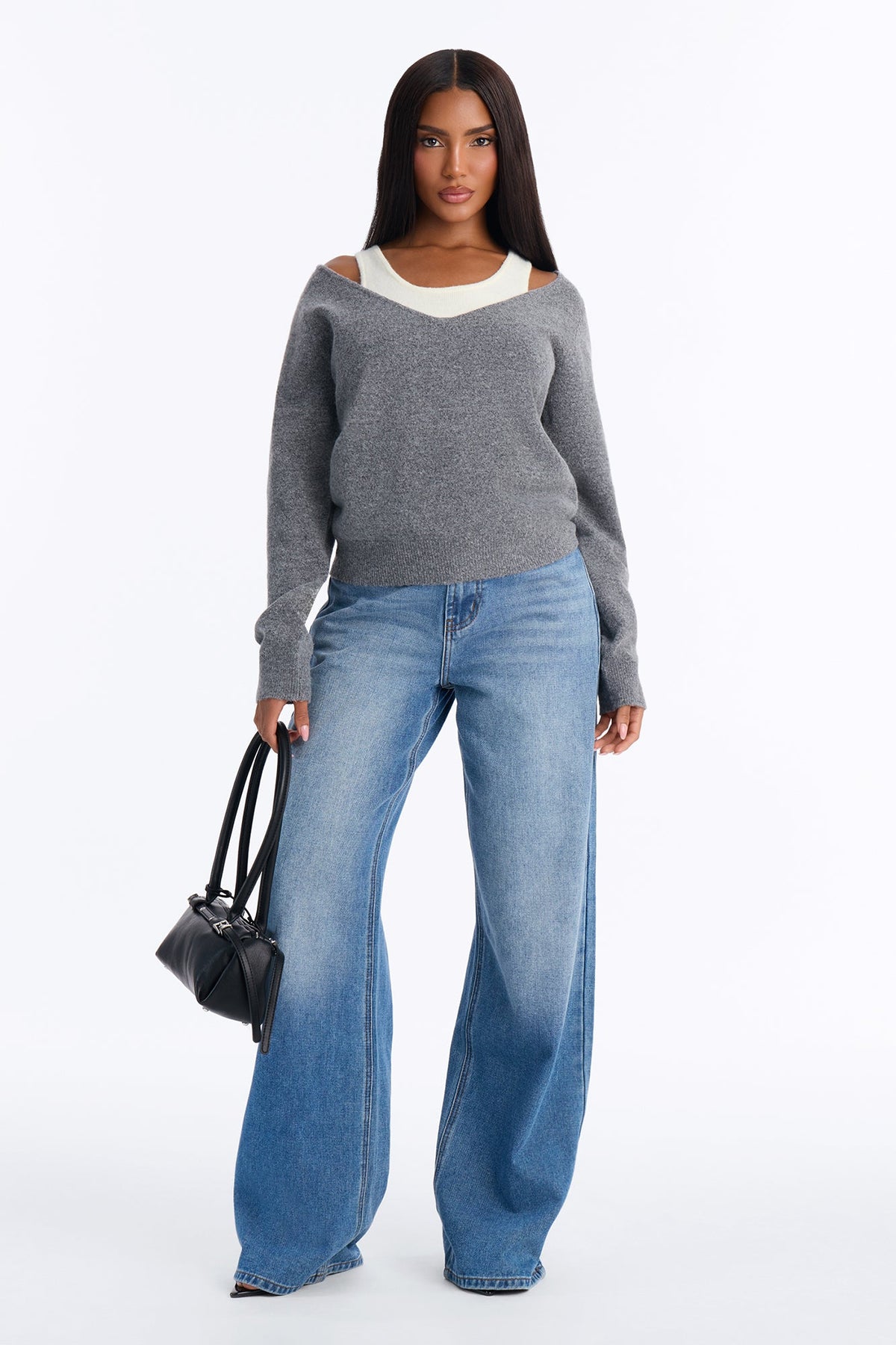Josie Layered Long Sleeve Sweater - Grey/combo