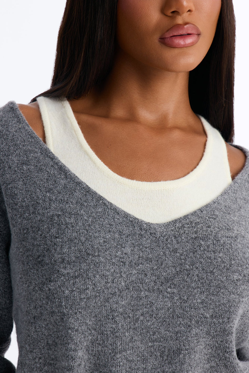 Josie Layered Long Sleeve Sweater - Grey/combo