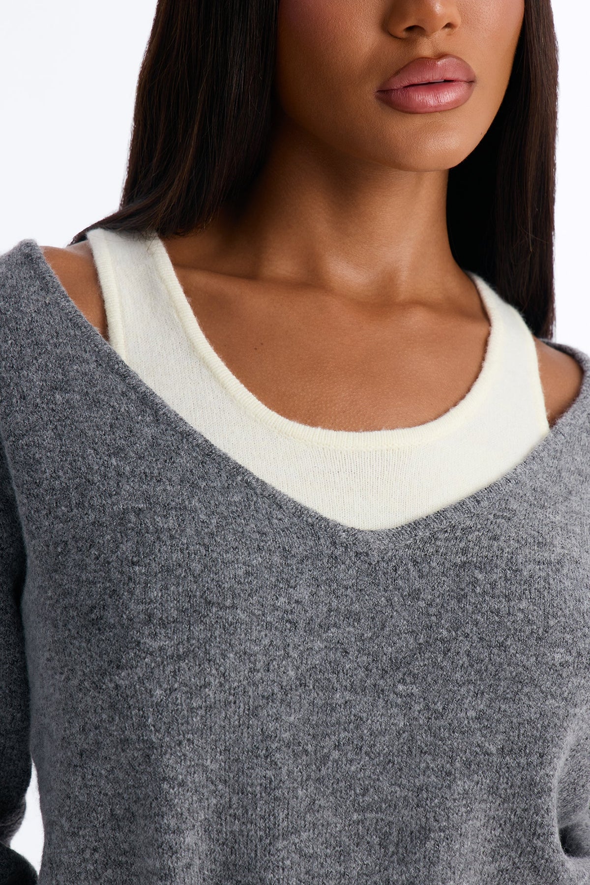 Josie Layered Long Sleeve Sweater - Grey/combo