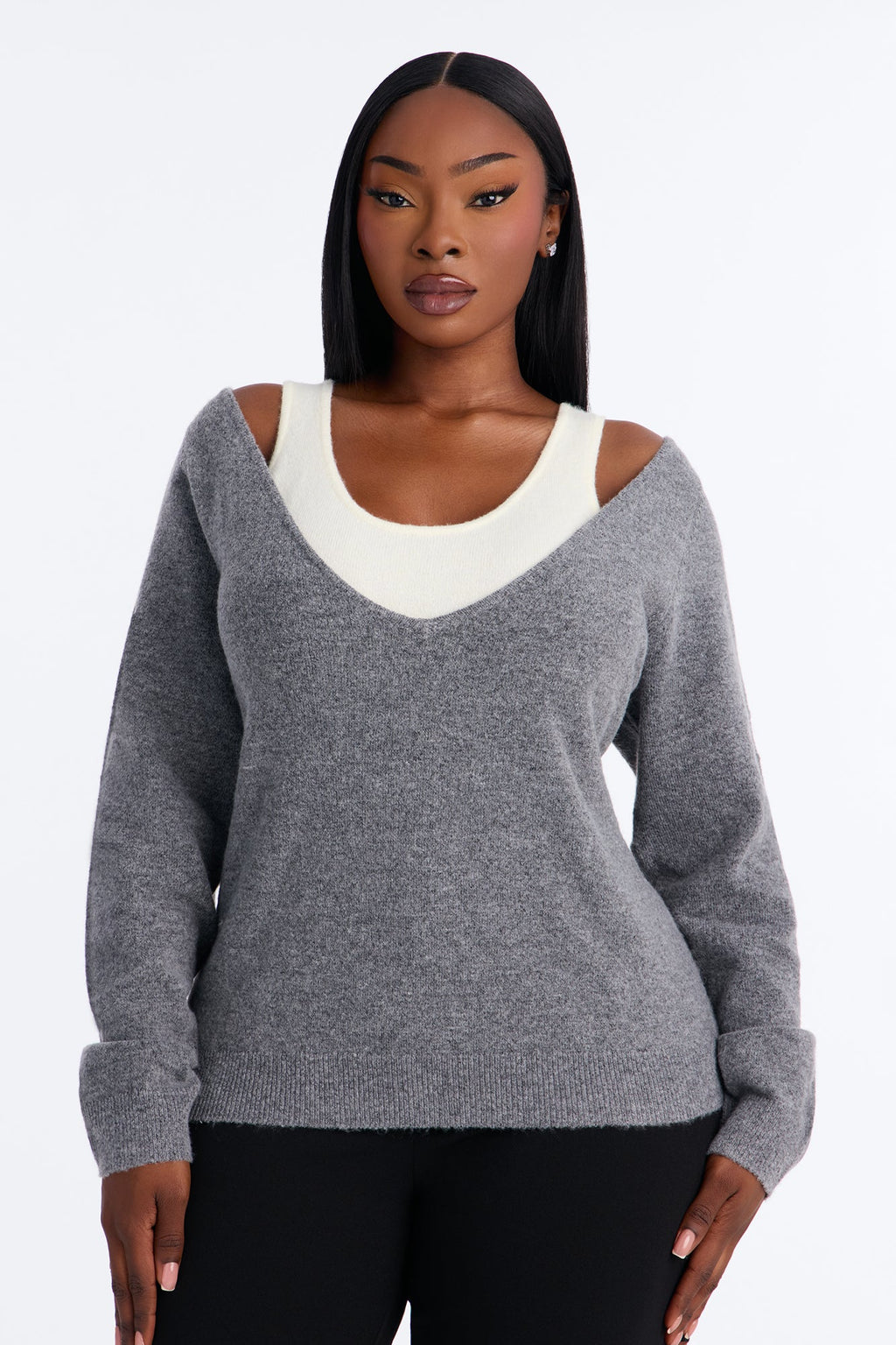 Josie Layered Long Sleeve Sweater - Grey/combo