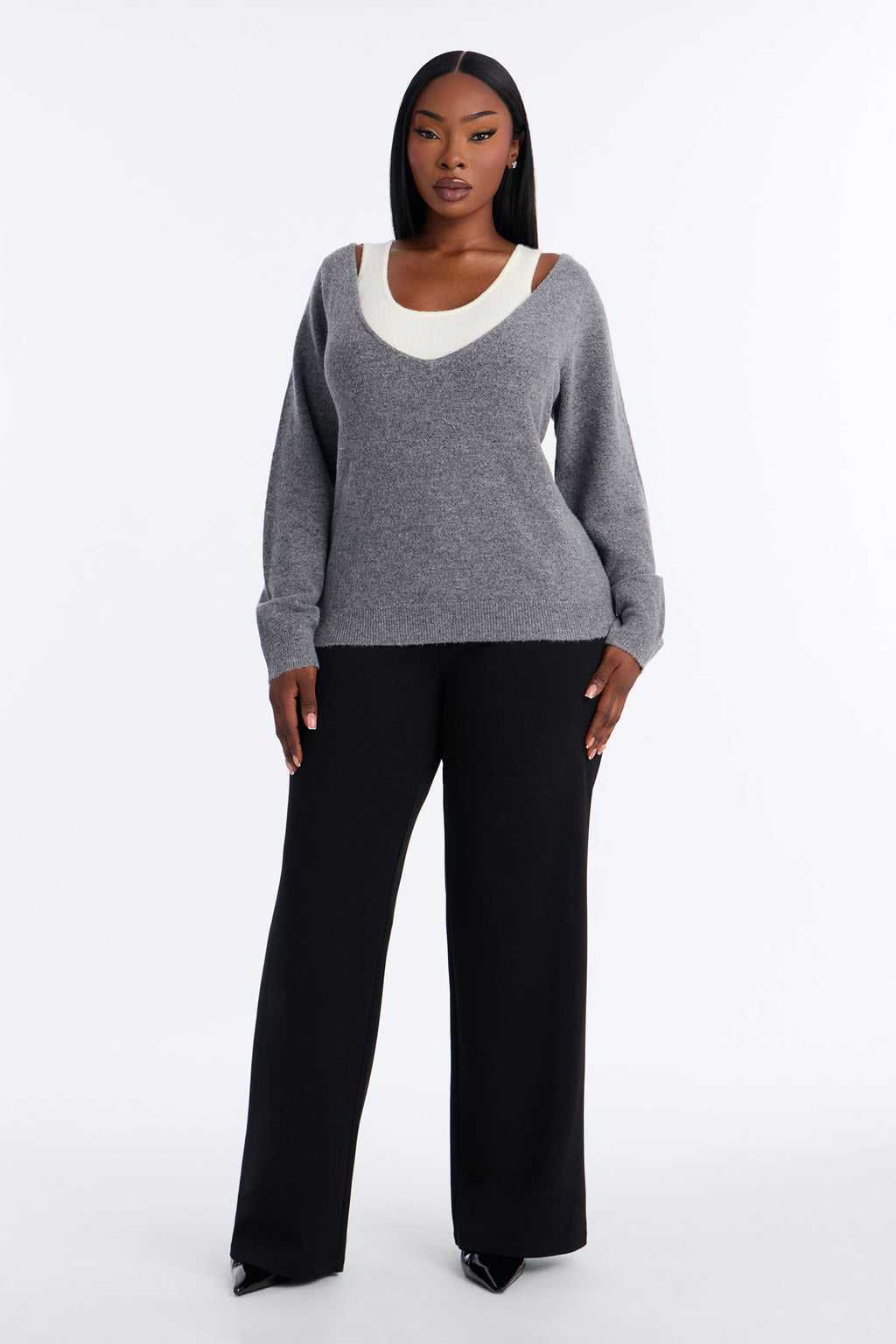 Josie Layered Long Sleeve Sweater - Grey/combo