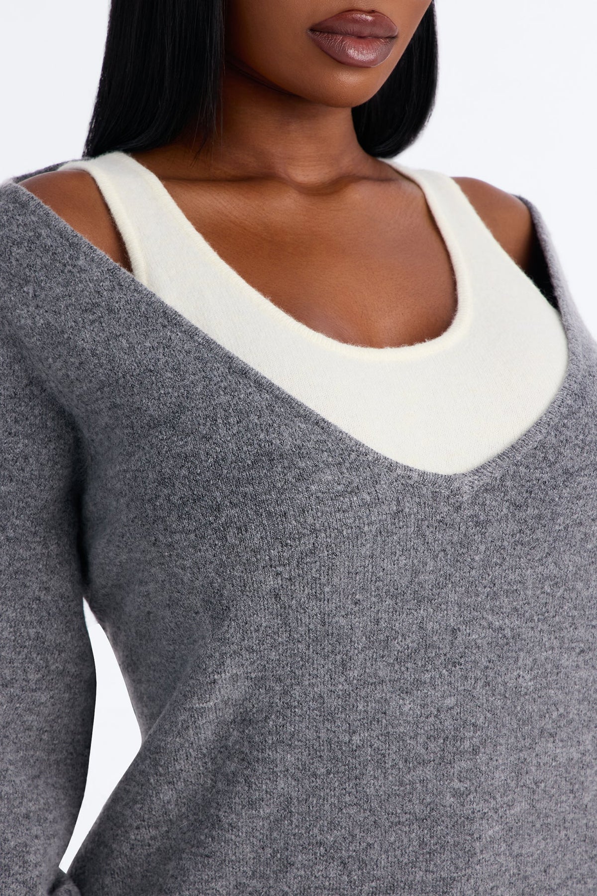 Josie Layered Long Sleeve Sweater - Grey/combo